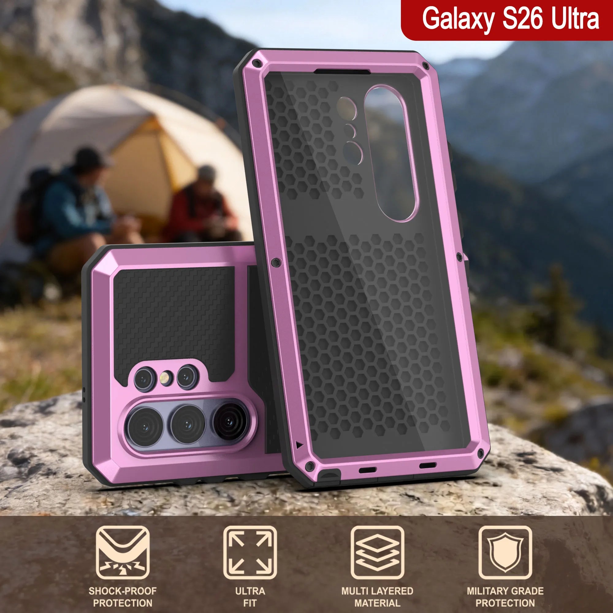 Galaxy S26 Ultra Metal Case, Heavy Duty Military Grade Armor Cover [shock proof] Full Body Hard [Pink]