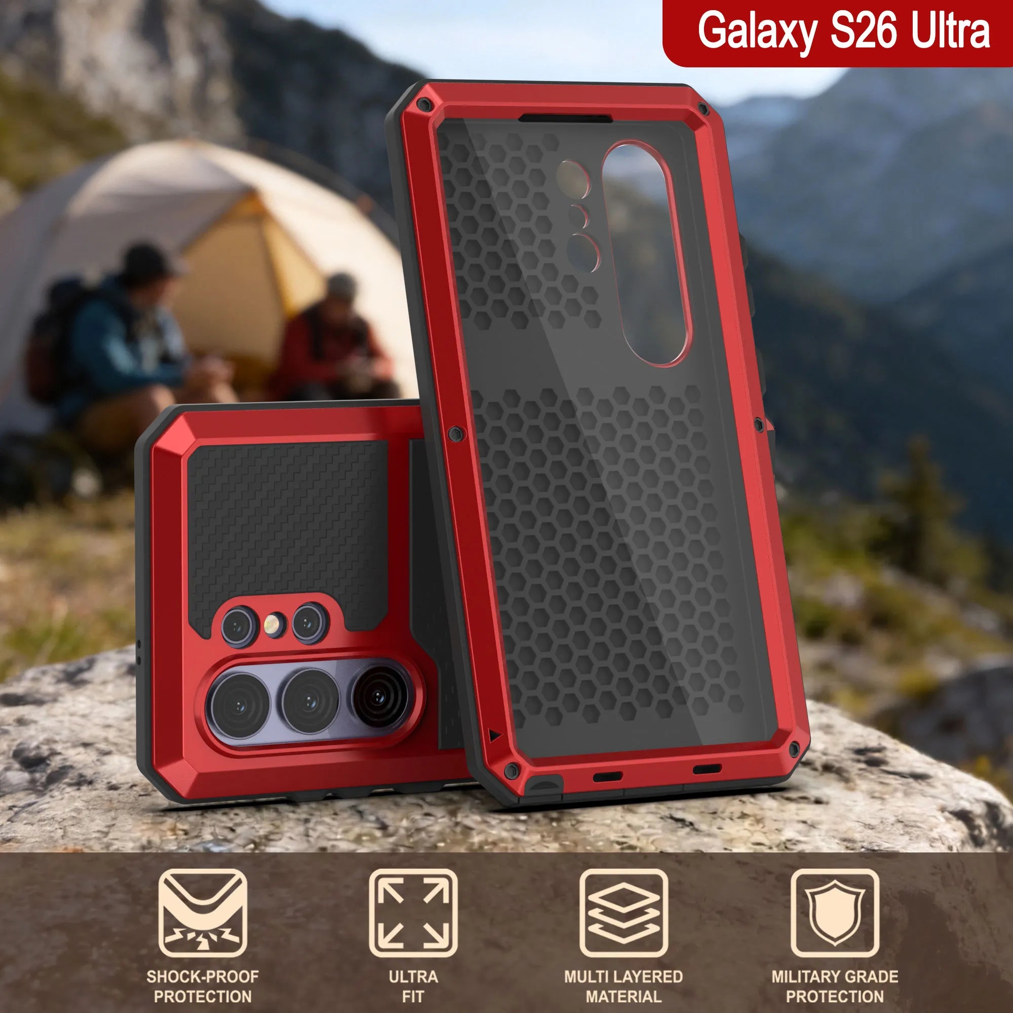 Galaxy S26 Ultra Metal Case, Heavy Duty Military Grade Armor Cover [shock proof] Full Body Hard [Red]