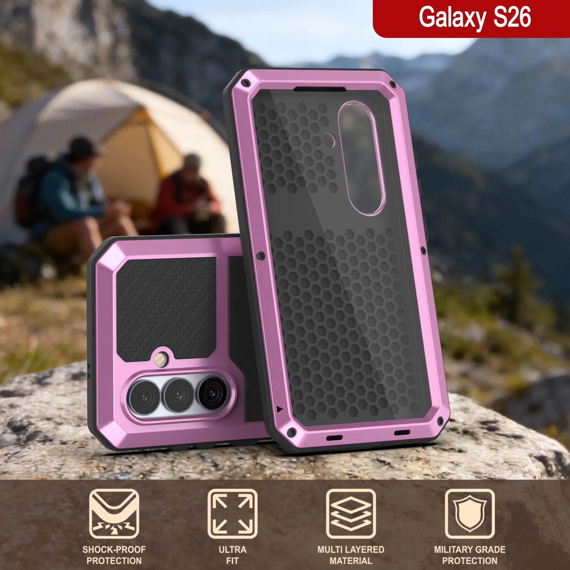 Galaxy S26 Metal Case, Heavy Duty Military Grade Armor Cover [shock proof] Full Body Hard [Pink]
