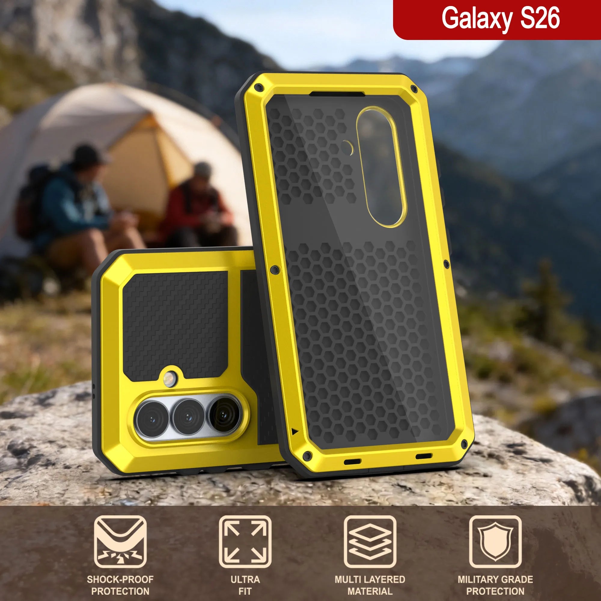 Galaxy S26 Metal Case, Heavy Duty Military Grade Armor Cover [shock proof] Full Body Hard [Yellow]