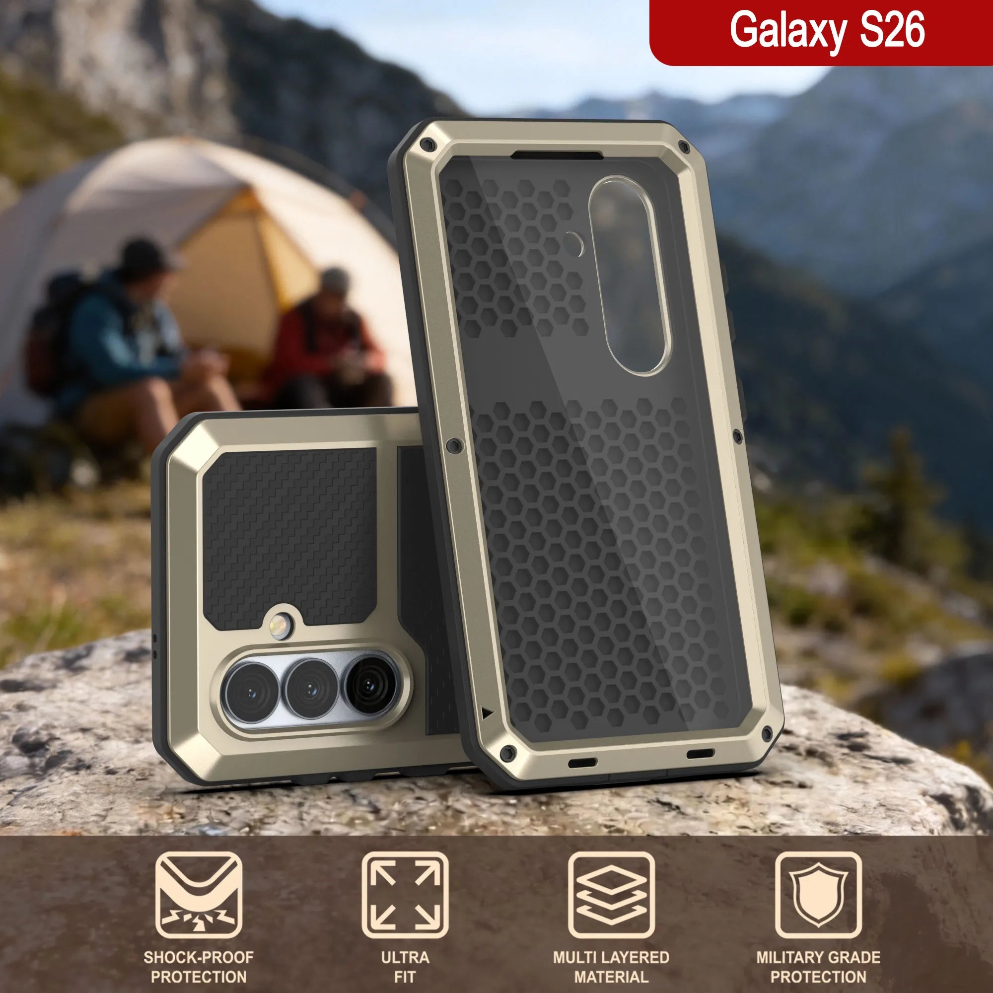 Galaxy S26 Metal Case, Heavy Duty Military Grade Armor Cover [shock proof] Full Body Hard [Gold]