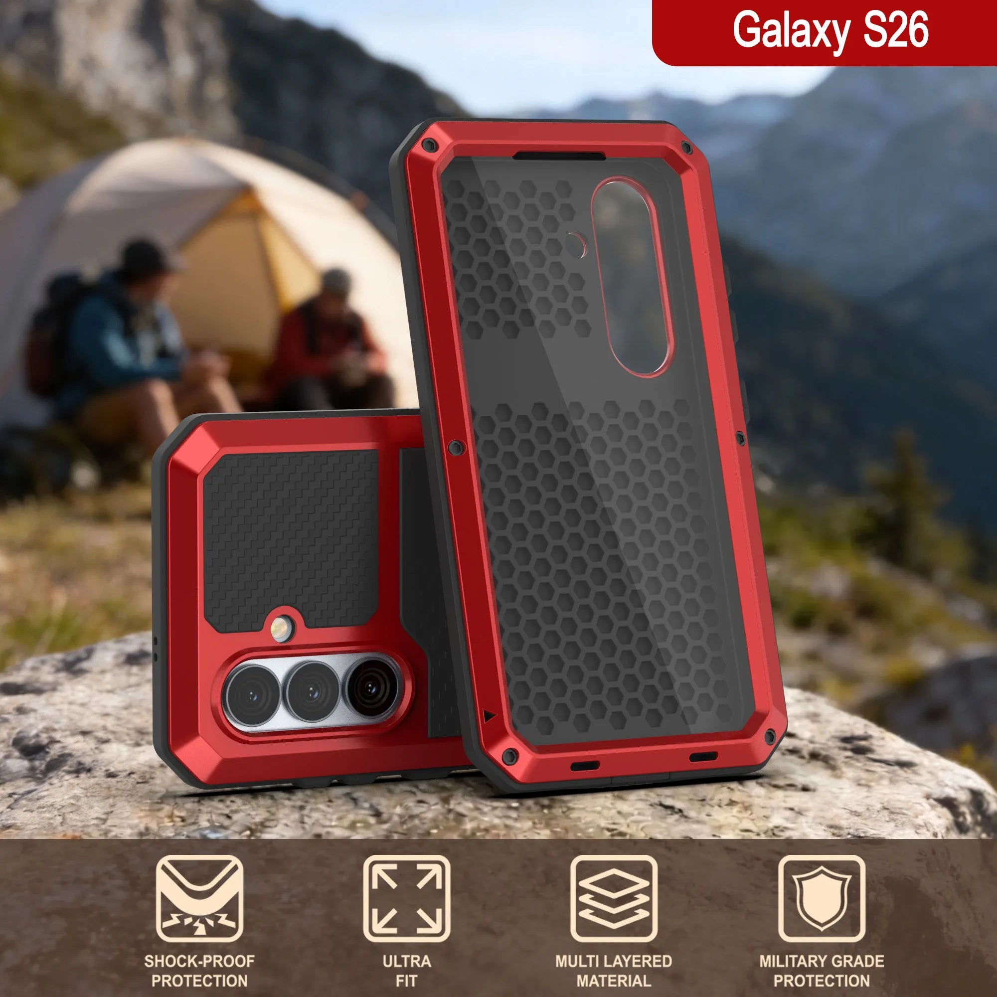 Galaxy S26 Metal Case, Heavy Duty Military Grade Armor Cover [shock proof] Full Body Hard [Red]