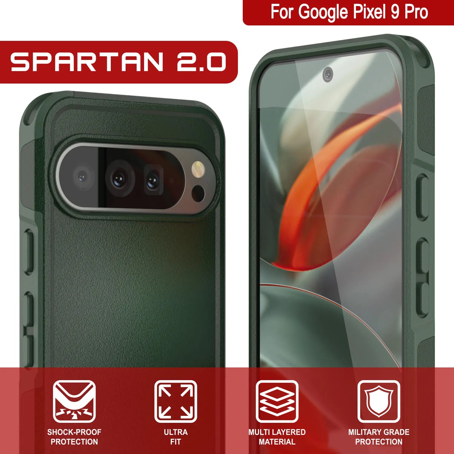 PunkCase Google Pixel 9 Pro Case, [Spartan 2.0 Series] Clear Rugged Heavy Duty Cover W/Built in Screen Protector [Dark Green]