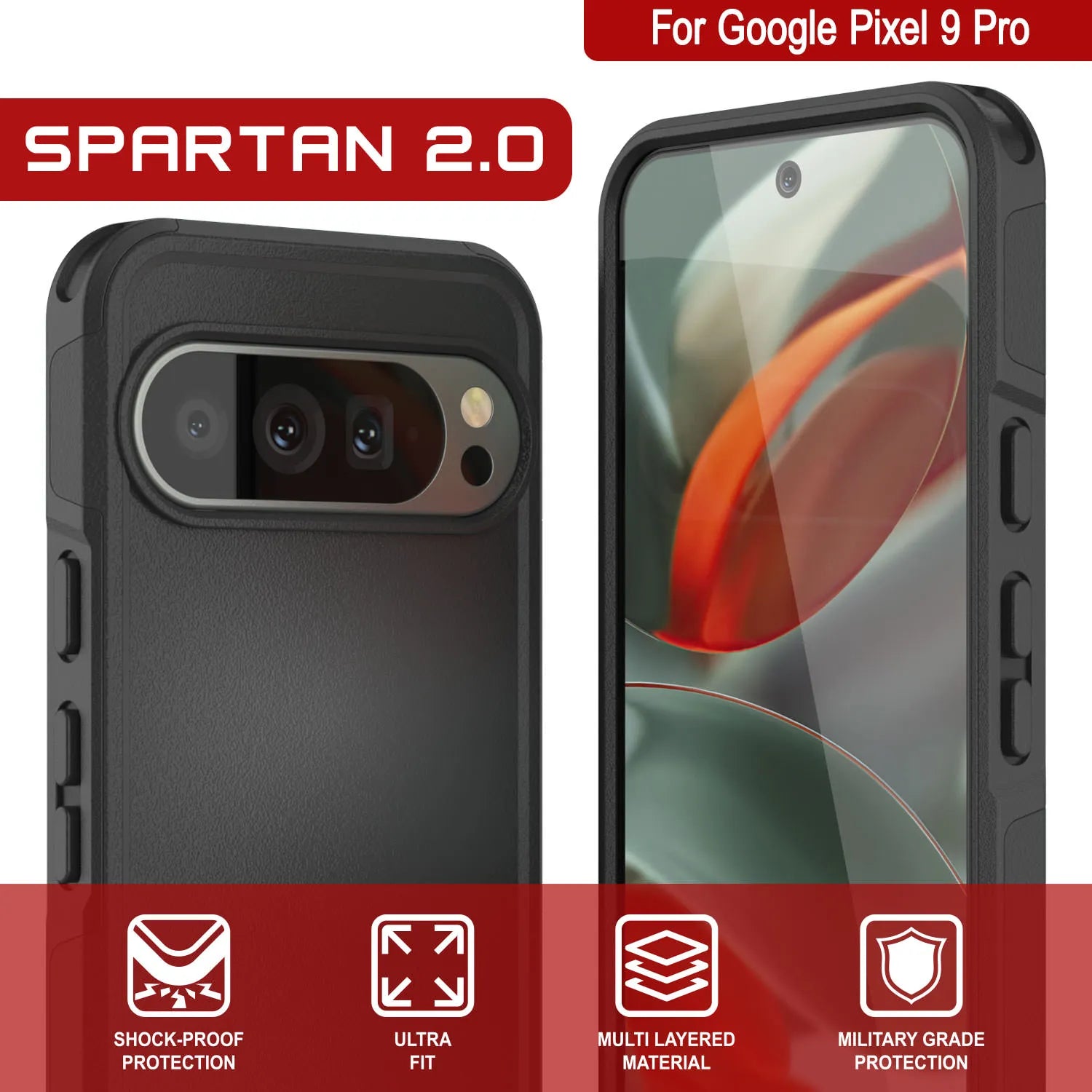 PunkCase Google Pixel 9 Pro Case, [Spartan 2.0 Series] Clear Rugged Heavy Duty Cover W/Built in Screen Protector [Black]