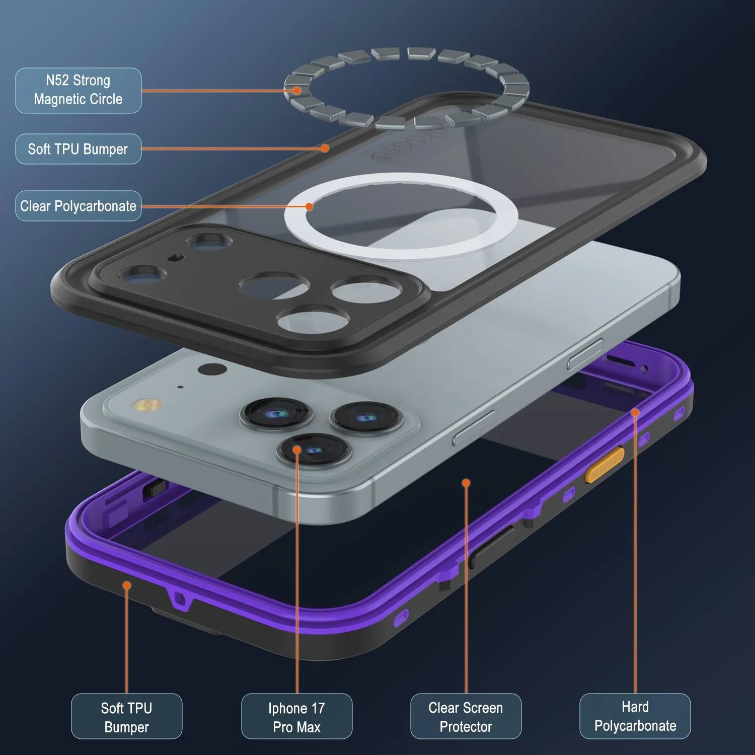 iPhone 17 Pro Max Waterproof IP68 Case, Punkcase [Purple] [StudStar Series] [Slim Fit] [Dirtproof]