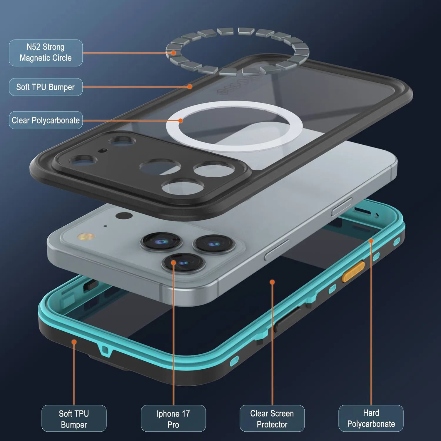 iPhone 17 Pro Waterproof IP68 Case, Punkcase [Teal] [StudStar Series] [Slim Fit]