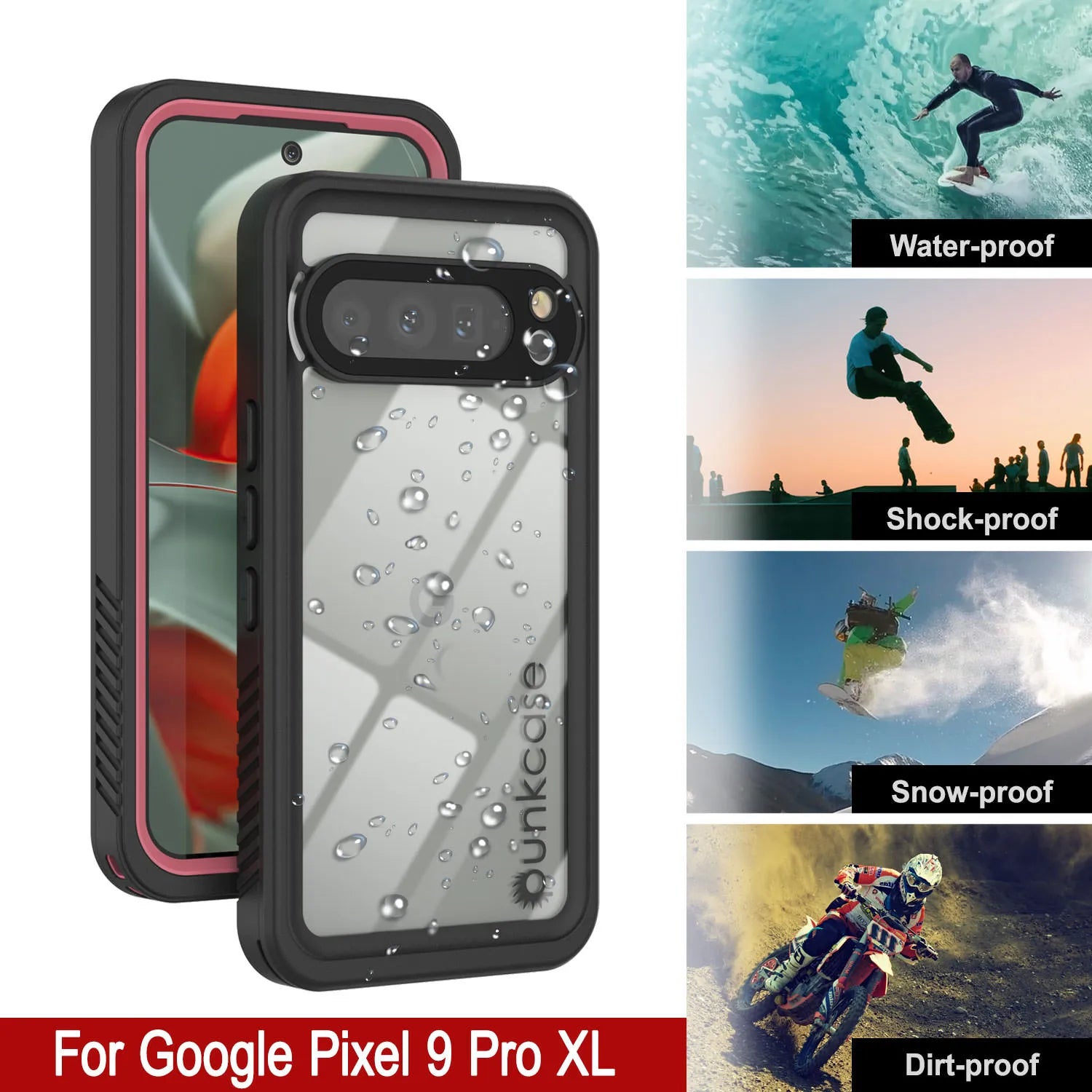 Google Pixel 9 Pro XL Waterproof Case, Punkcase [Extreme Series] Armor Cover W/ Built In Screen Protector [Pink]