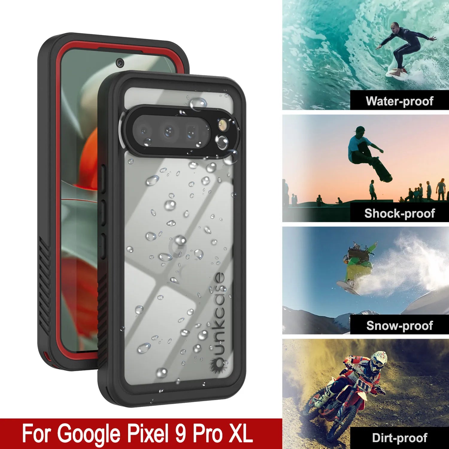 Google Pixel 9 Pro XL Waterproof Case, Punkcase [Extreme Series] Armor Cover W/ Built In Screen Protector [Red]
