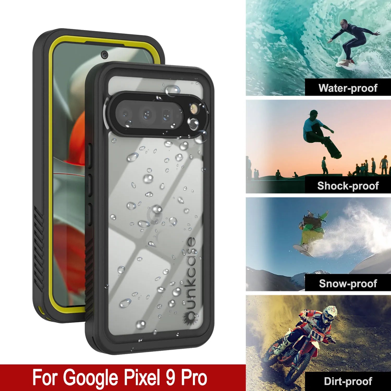 Google Pixel 9 Pro Waterproof Case, Punkcase [Extreme Series] Armor Cover W/ Built In Screen Protector [Yellow]