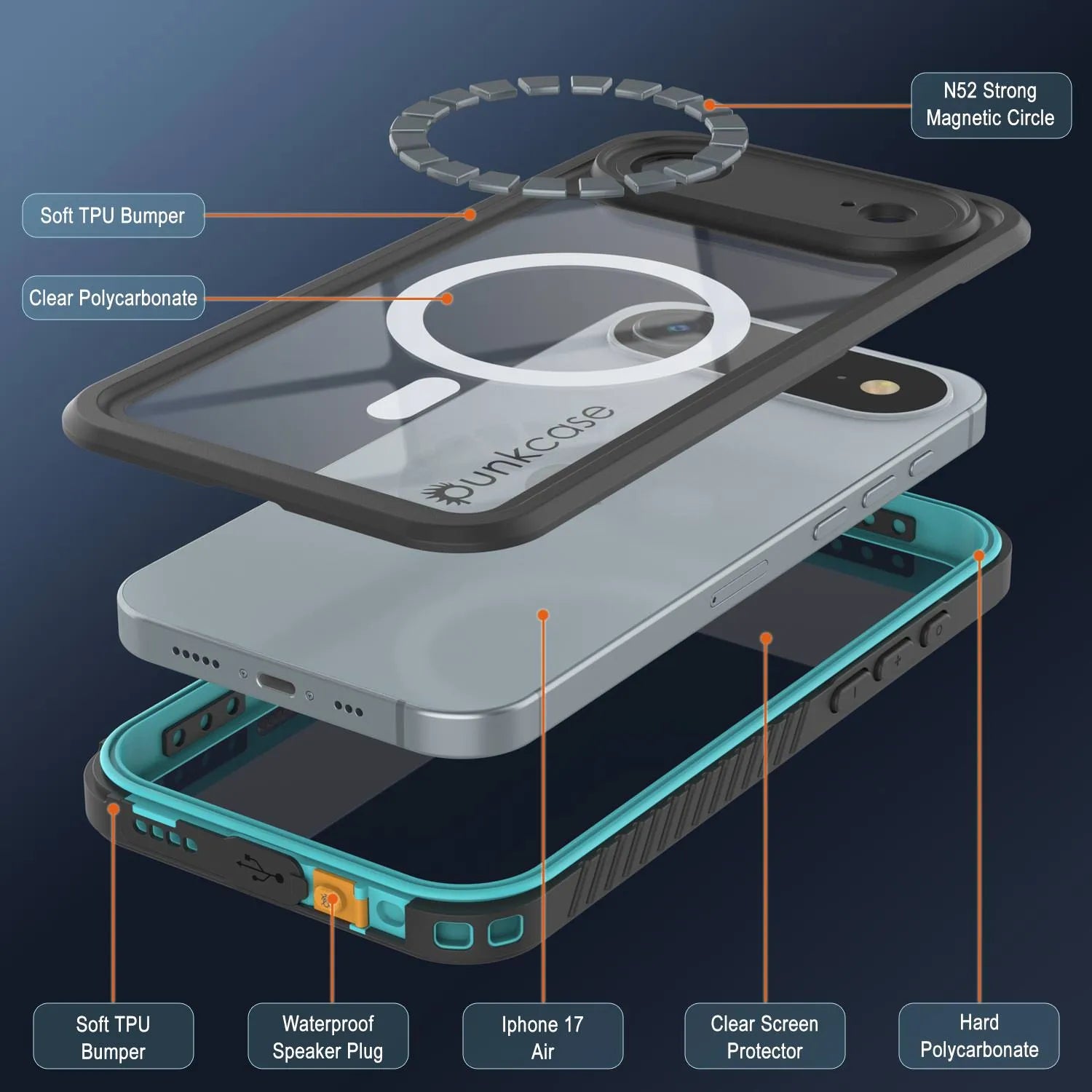 iPhone 17 Air Waterproof Case, Punkcase [Extreme Series] Armor Cover W/ Built In Screen Protector [Teal]