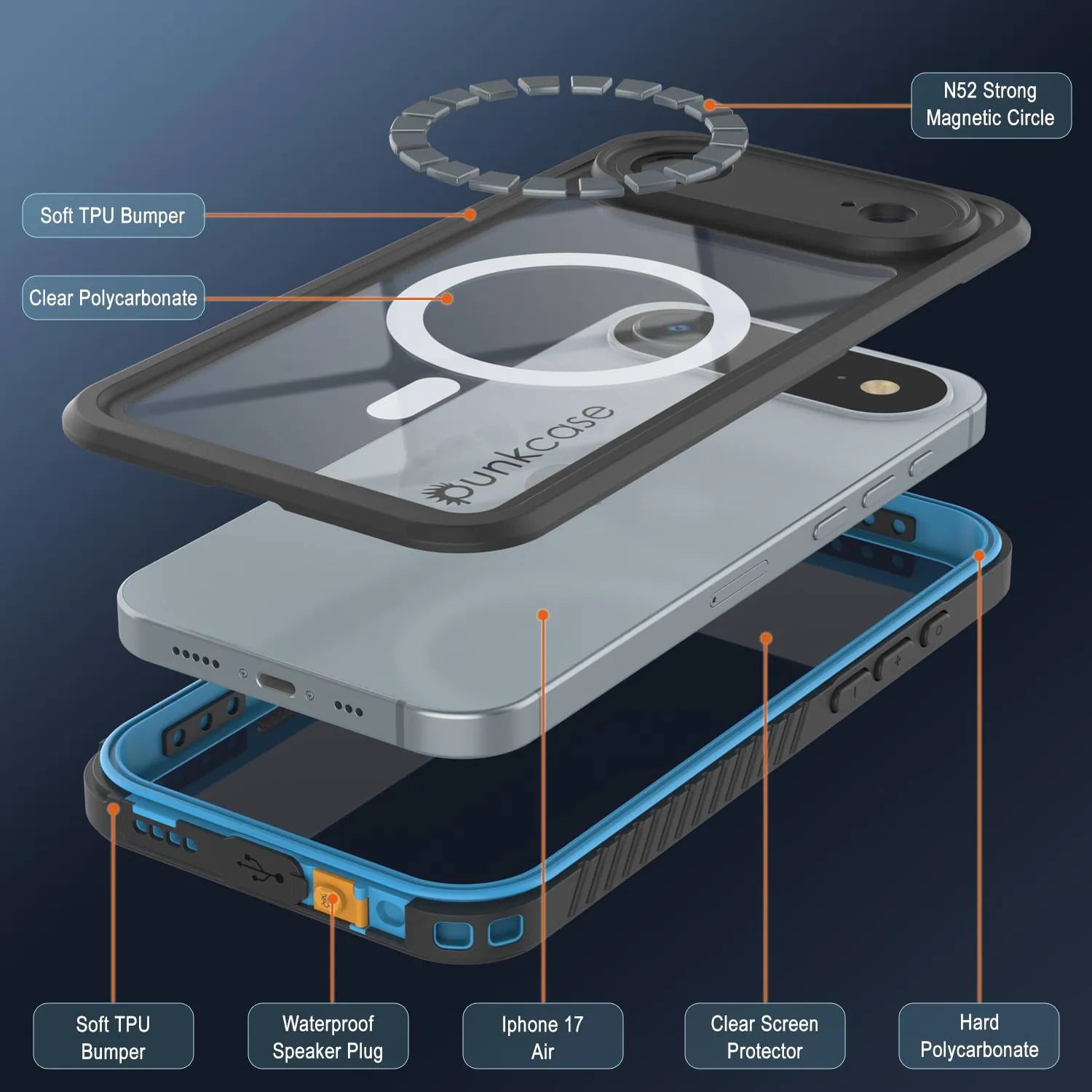 iPhone 17 Air Waterproof Case, Punkcase [Extreme Series] Armor Cover W/ Built In Screen Protector [Light Blue]
