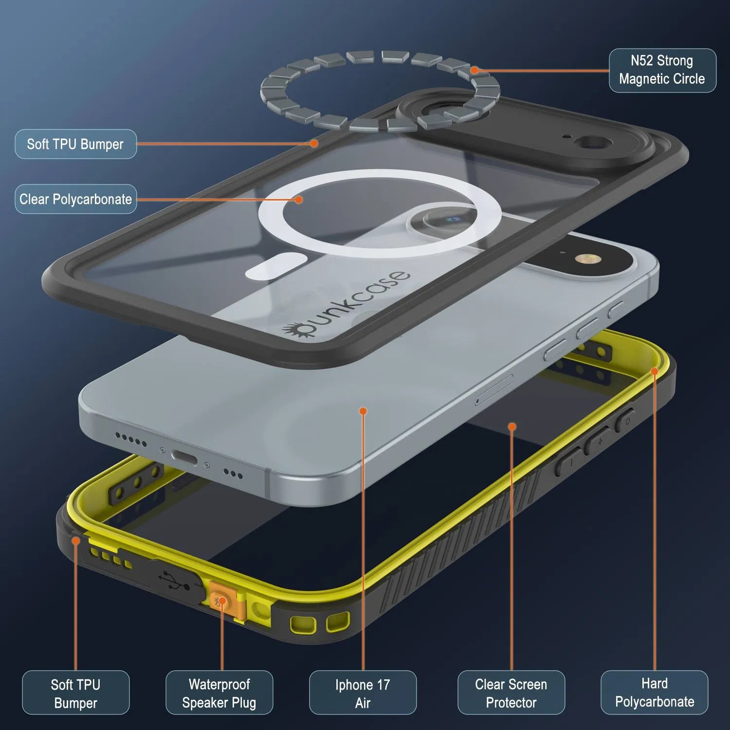iPhone 17 Air Waterproof Case, Punkcase [Extreme Series] Armor Cover W/ Built In Screen Protector [Yellow]