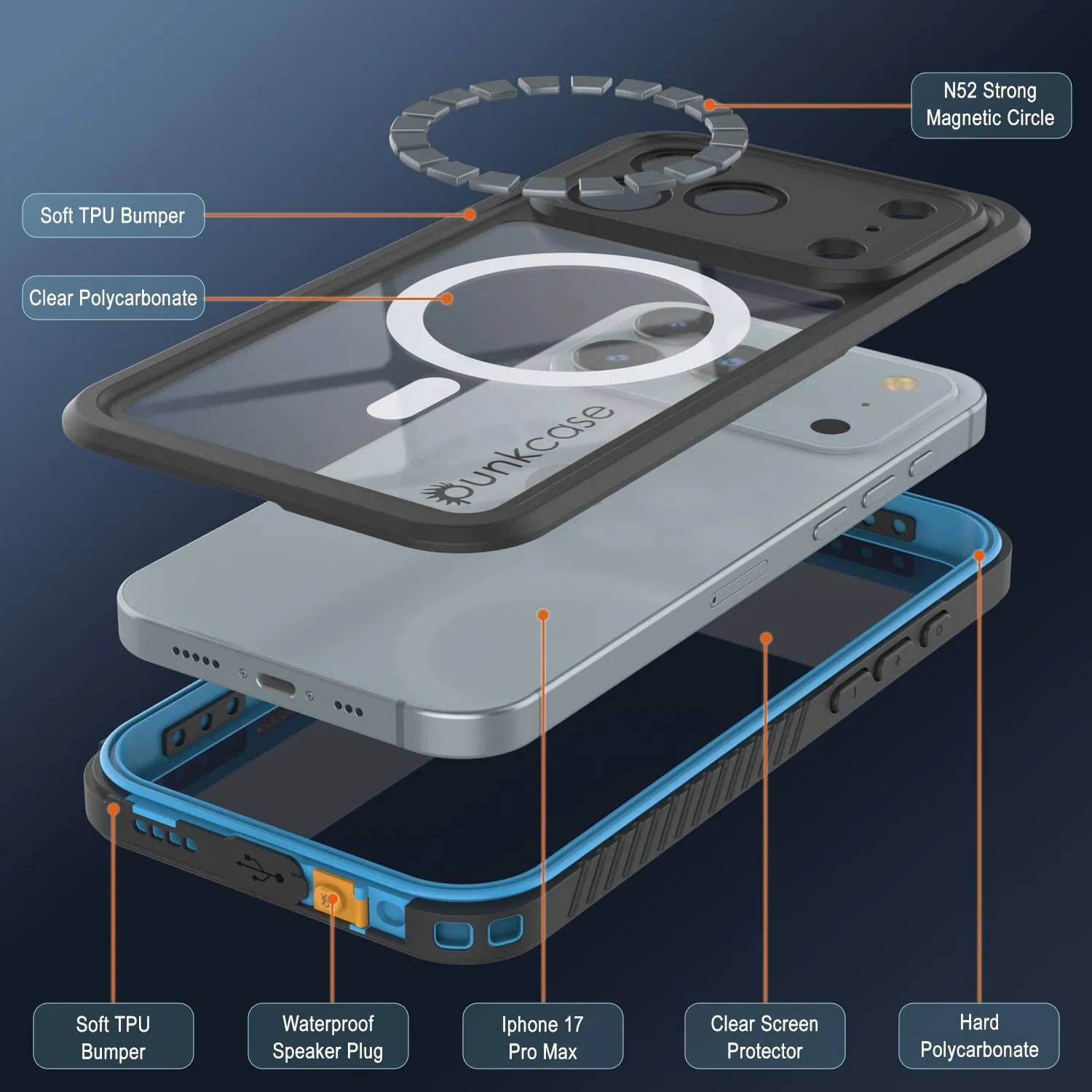 iPhone 17 Pro Max Waterproof Case, Punkcase [Extreme Series] Armor Cover W/ Built In Screen Protector [Navy Blue]