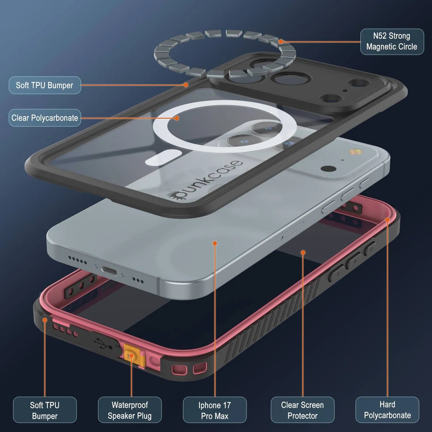 Products iPhone 17 Pro Max Waterproof Case, Punkcase [Extreme Mag Series] Armor Cover W/ Built In Screen Protector [Pink]