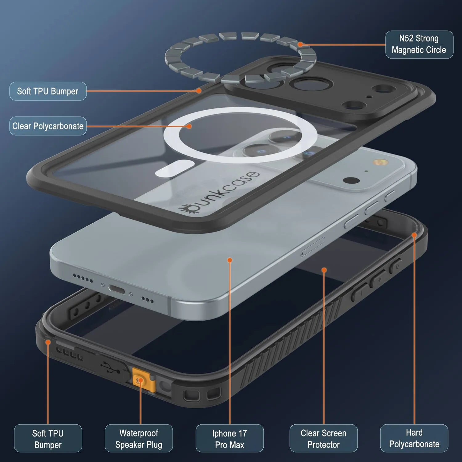 iPhone 17 Pro Max Waterproof Case, Punkcase [Extreme Mag Series] Armor Cover W/ Built In Screen Protector [Grey]