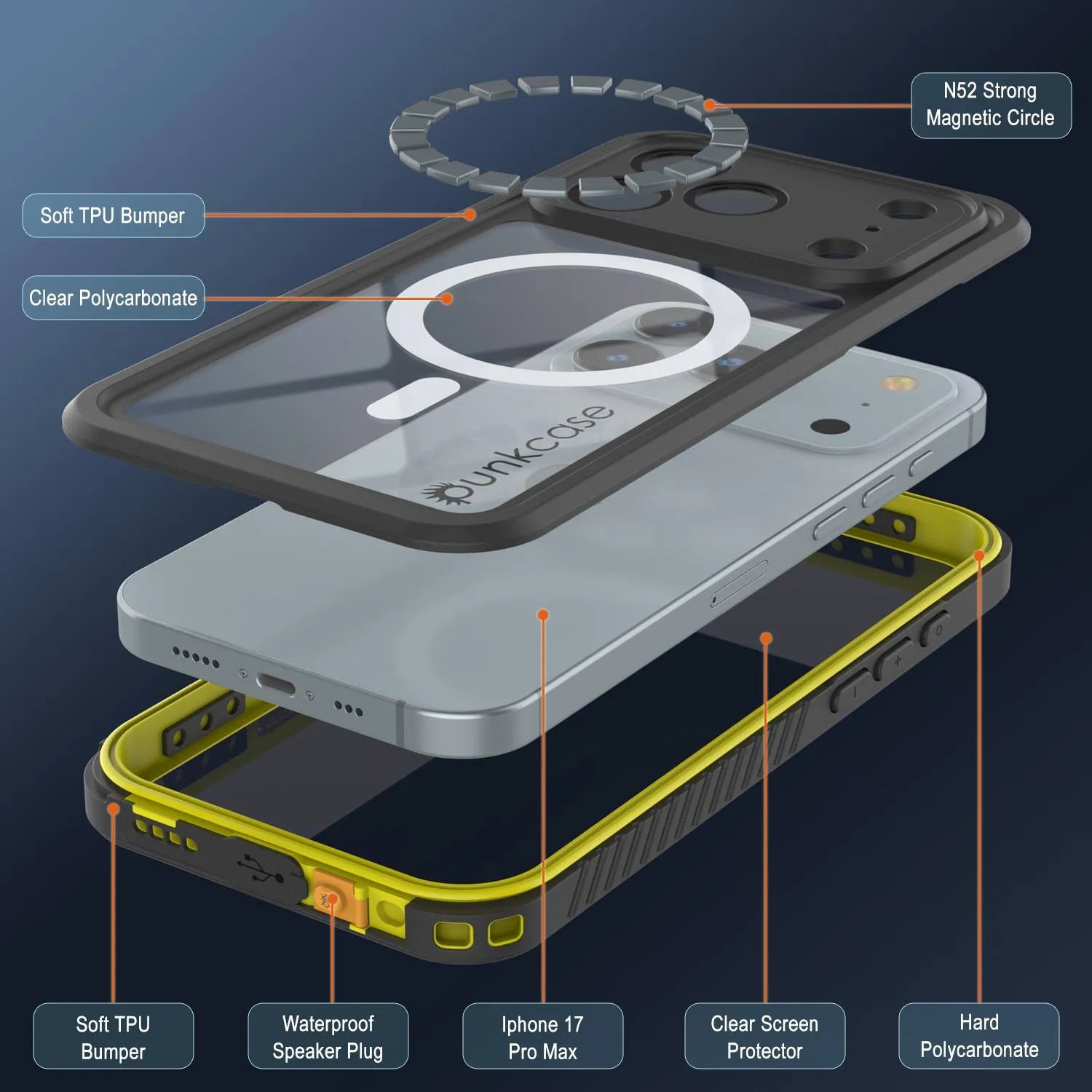 iPhone 17 Pro Max Waterproof Case, Punkcase [Extreme Mag Series] Armor Cover W/ Built In Screen Protector [Yellow]