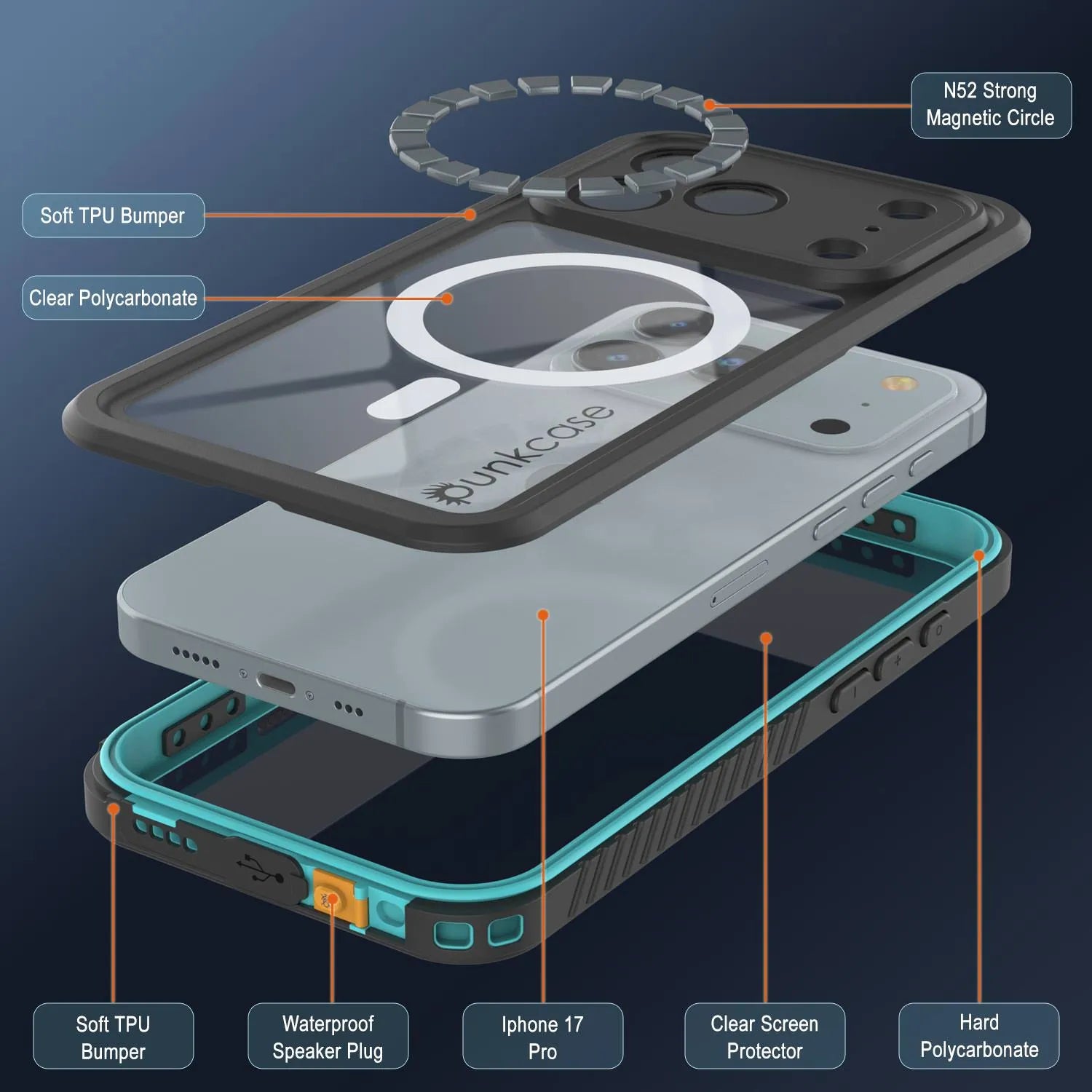 iPhone 17 Pro Waterproof Case, Punkcase [Extreme Mag Series] Armor Cover W/ Built In Screen Protector [Teal]