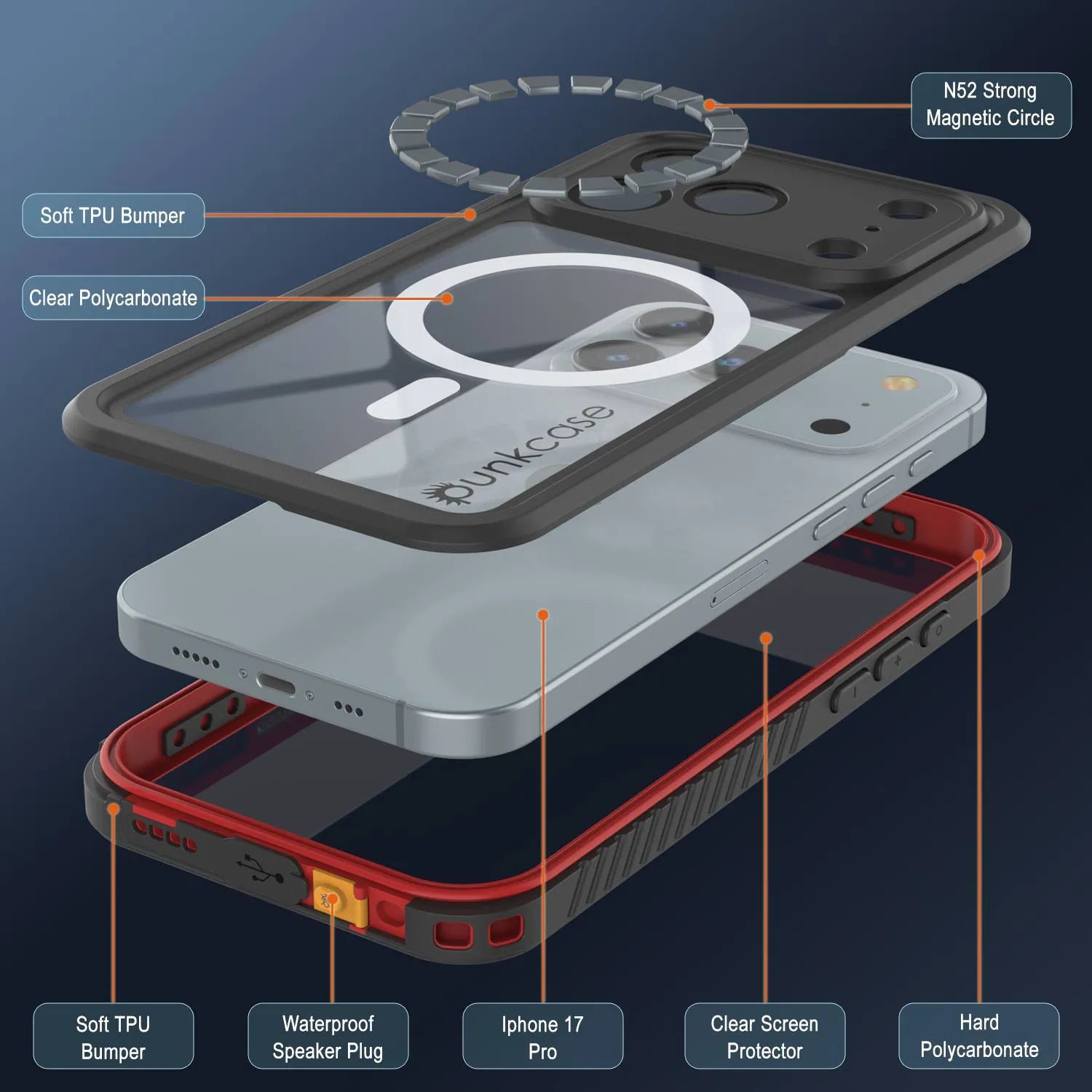 iPhone 17 Pro Waterproof Case, Punkcase [Extreme Series] Armor Cover W/ Built In Screen Protector [Red]