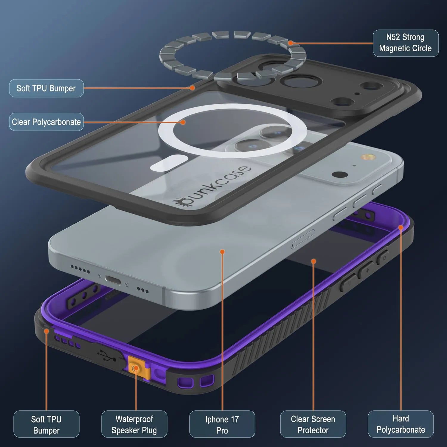 iPhone 17 Pro Waterproof Case, Punkcase [Extreme Series] Armor Cover W/ Built In Screen Protector [Purple]