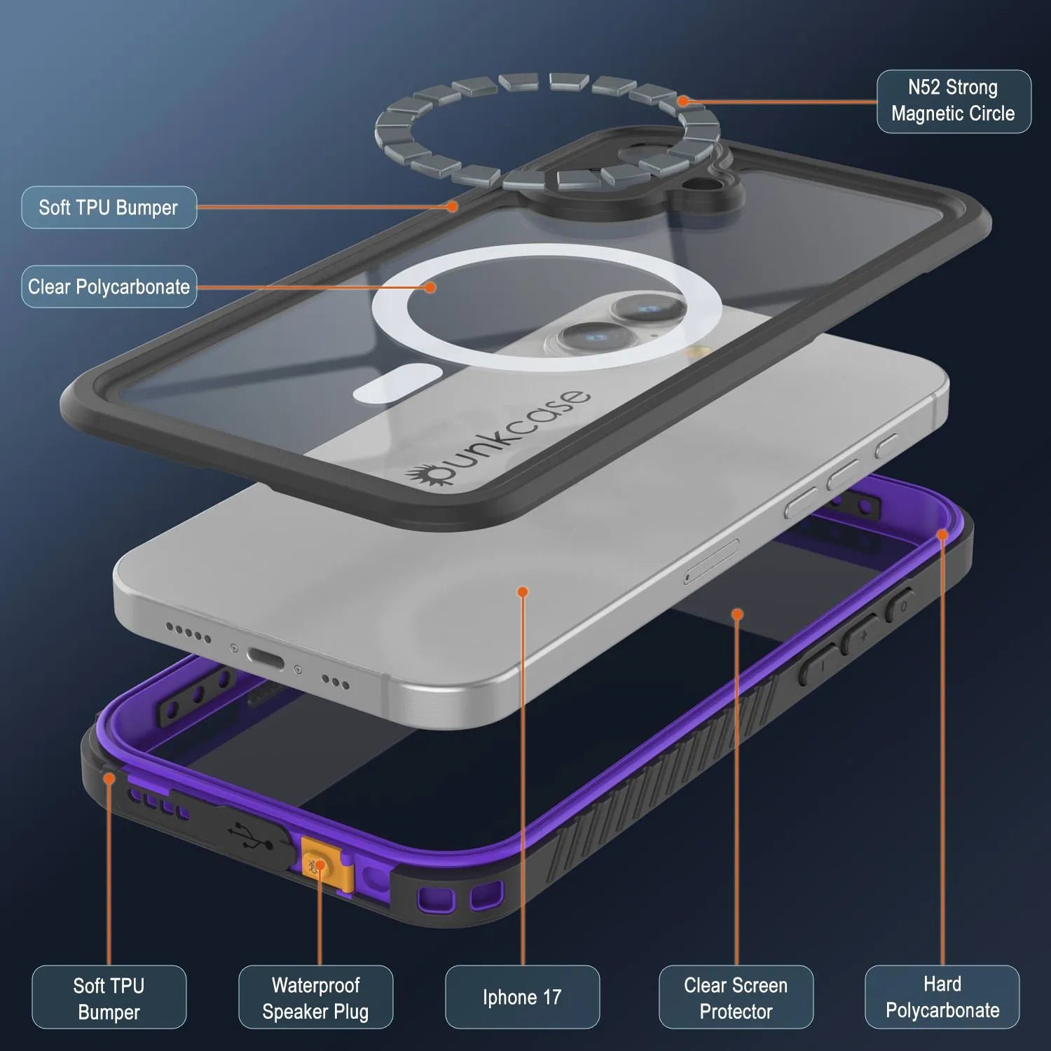 iPhone 17 Waterproof Case, Punkcase [Extreme Series] Armor Cover W/ Built In Screen Protector [Purple]