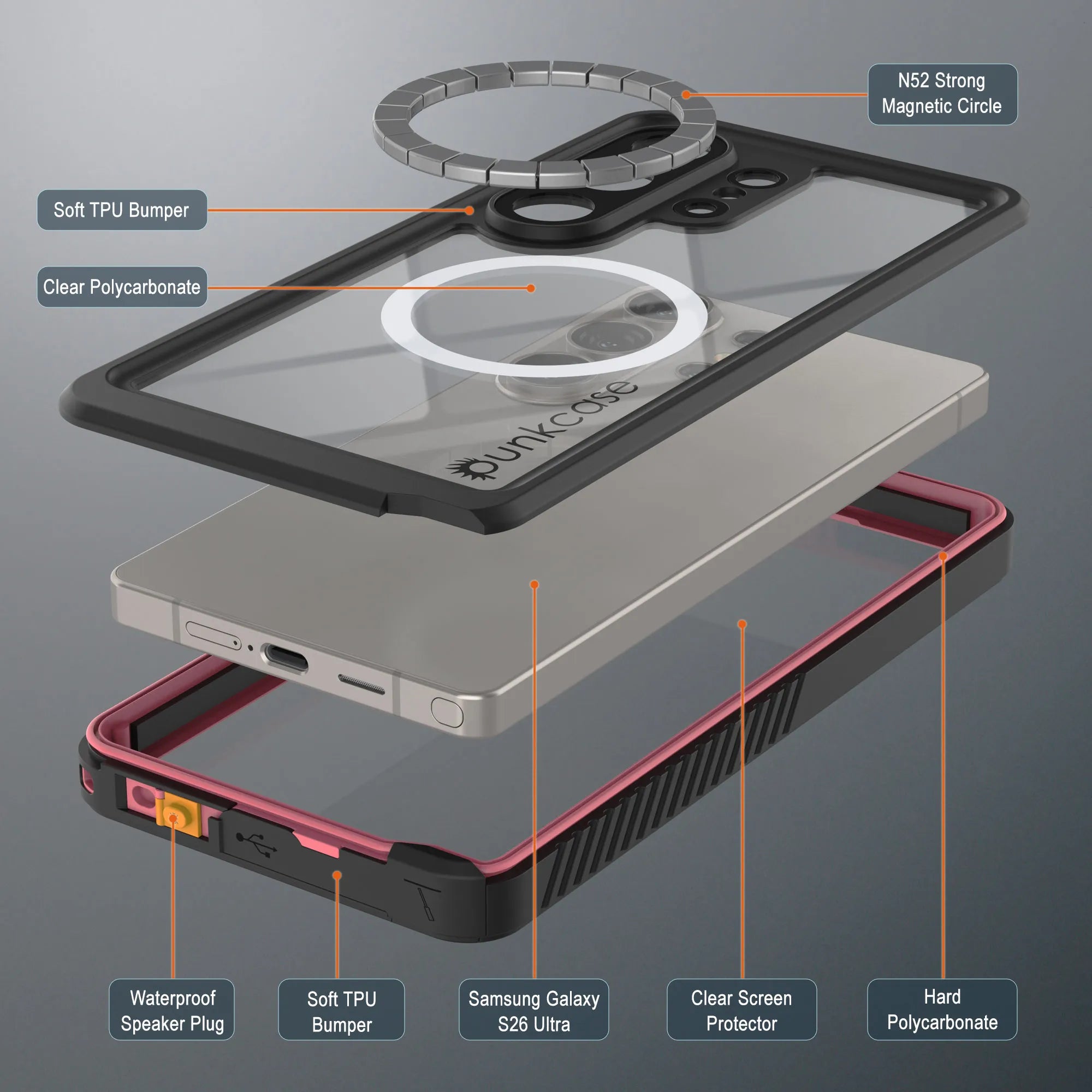 Products Galaxy S26 Ultra Waterproof Case, Punkcase [Extreme Mag Series] Armor Cover W/ Built In Screen Protector [Pink]