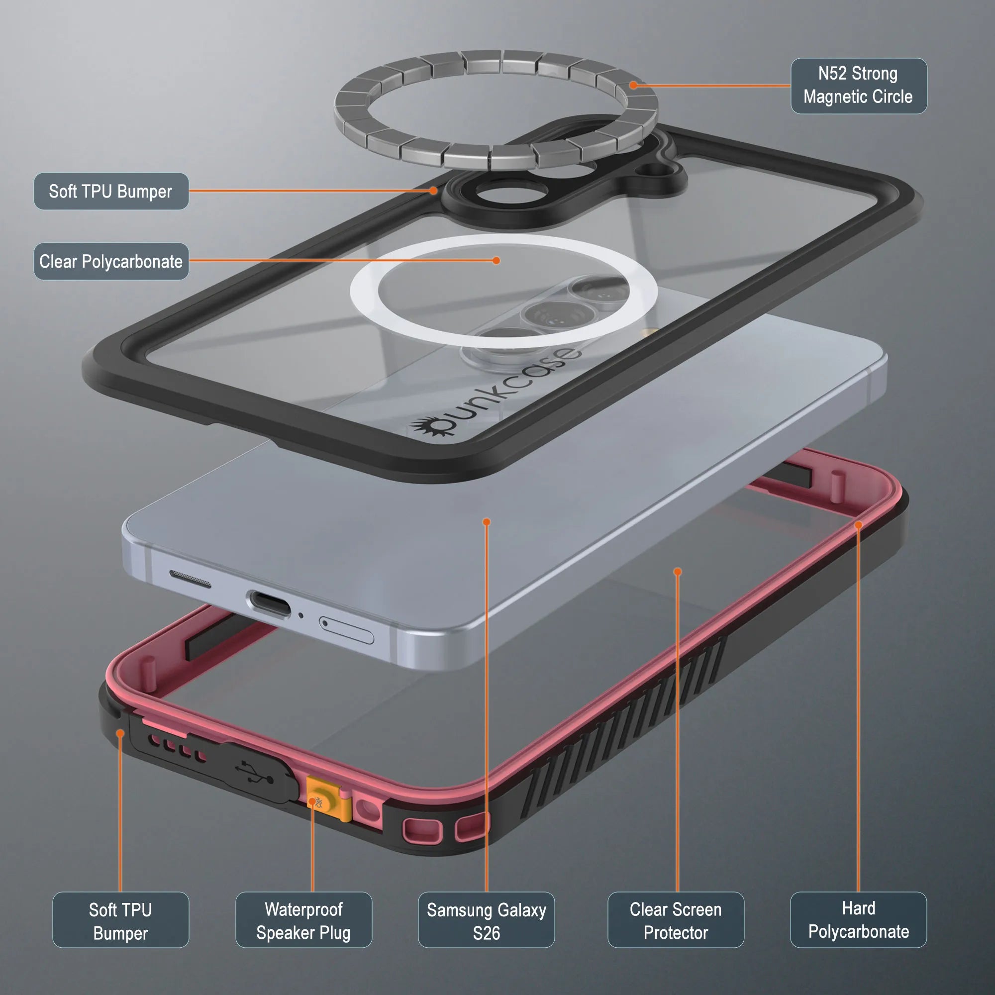 Galaxy S26 Waterproof Case, Punkcase [Extreme Mag Series] Armor Cover W/ Built In Screen Protector [Pink]