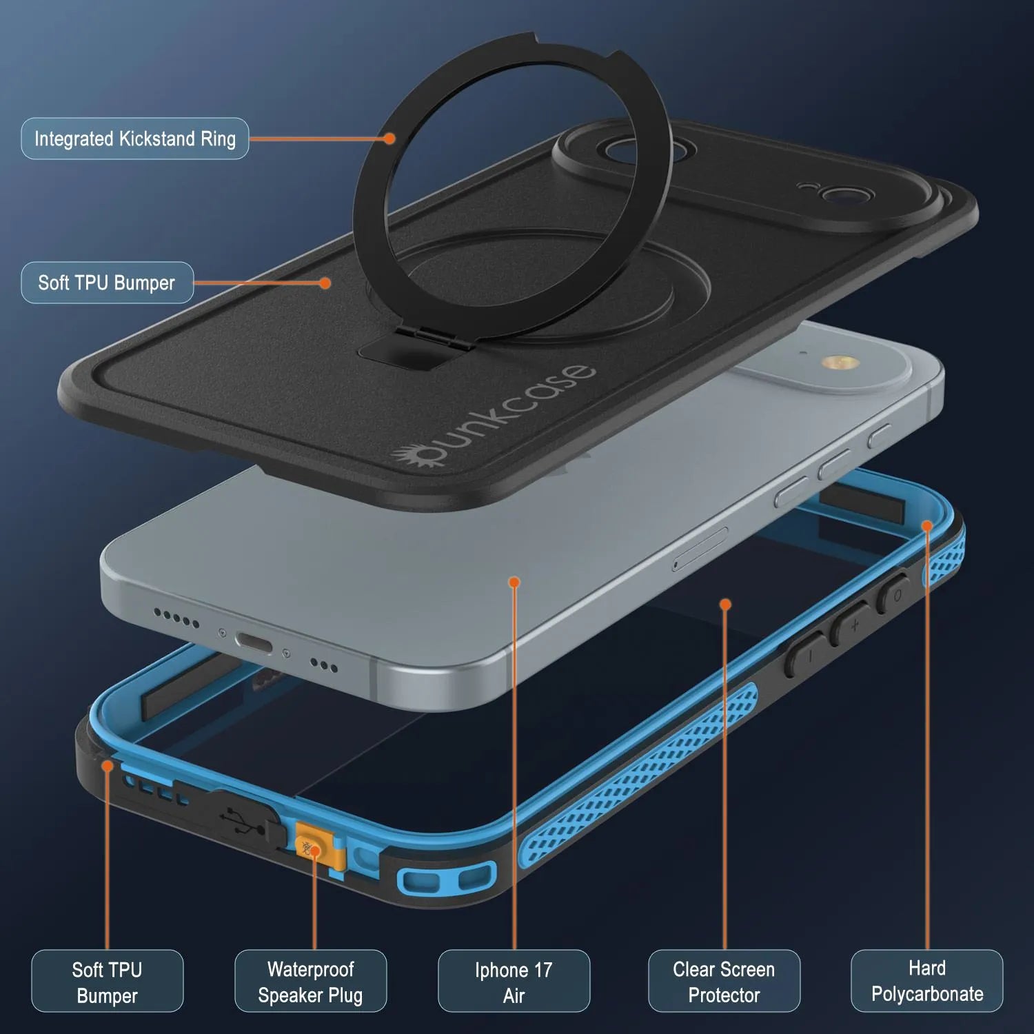 iPhone 17 Air Waterproof Case [Kickstud 2.0 Series] Protective IP68 Cover W/Screen Protector & Kickstand [Blue]