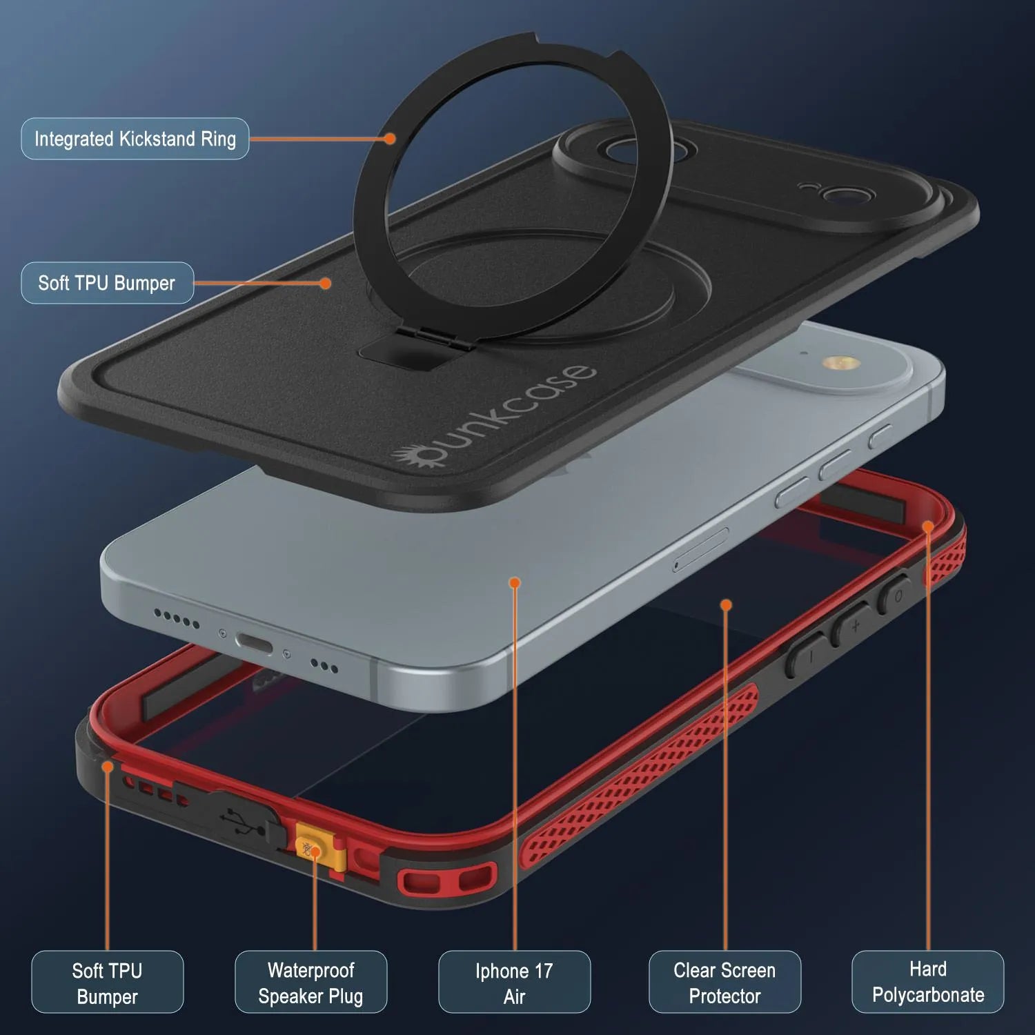 iPhone 17 Air Waterproof Case [Kickstud 2.0 Series] Protective IP68 Cover W/Screen Protector & Kickstand [Red]
