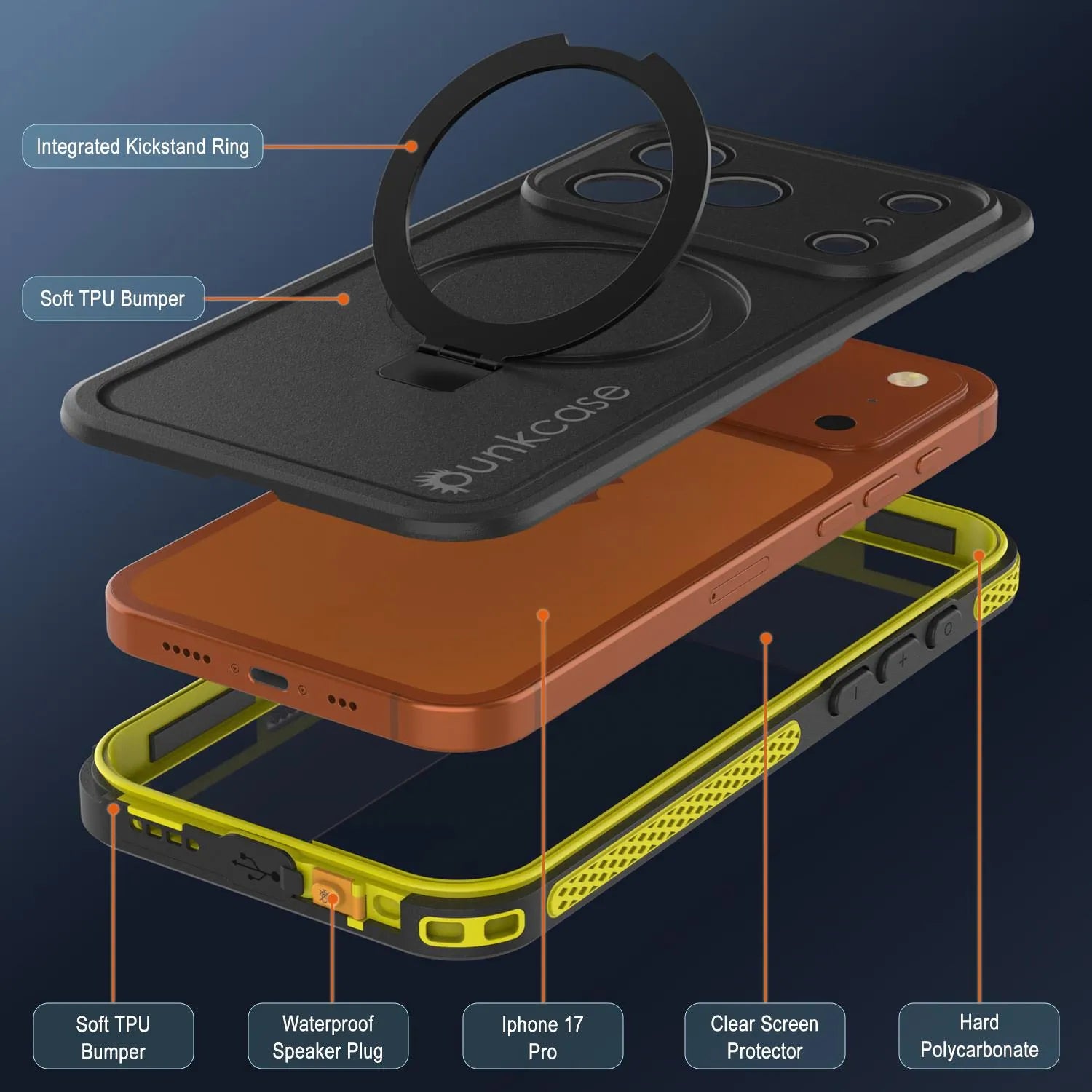 iPhone 17 pro Waterproof Case [Kickstud 2.0 Series] Protective IP68 Cover W/Screen Protector & Kickstand [Yellow]