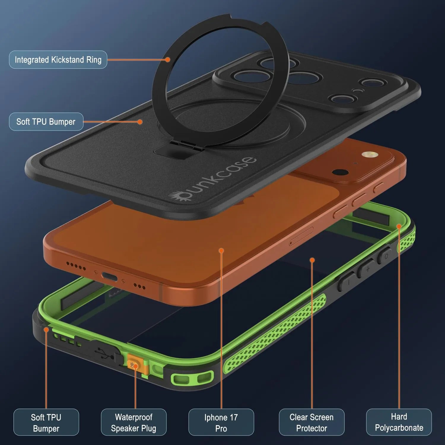 iPhone 17 pro Waterproof Case [Kickstud 2.0 Series] Protective IP68 Cover W/Screen Protector & Kickstand [Green]