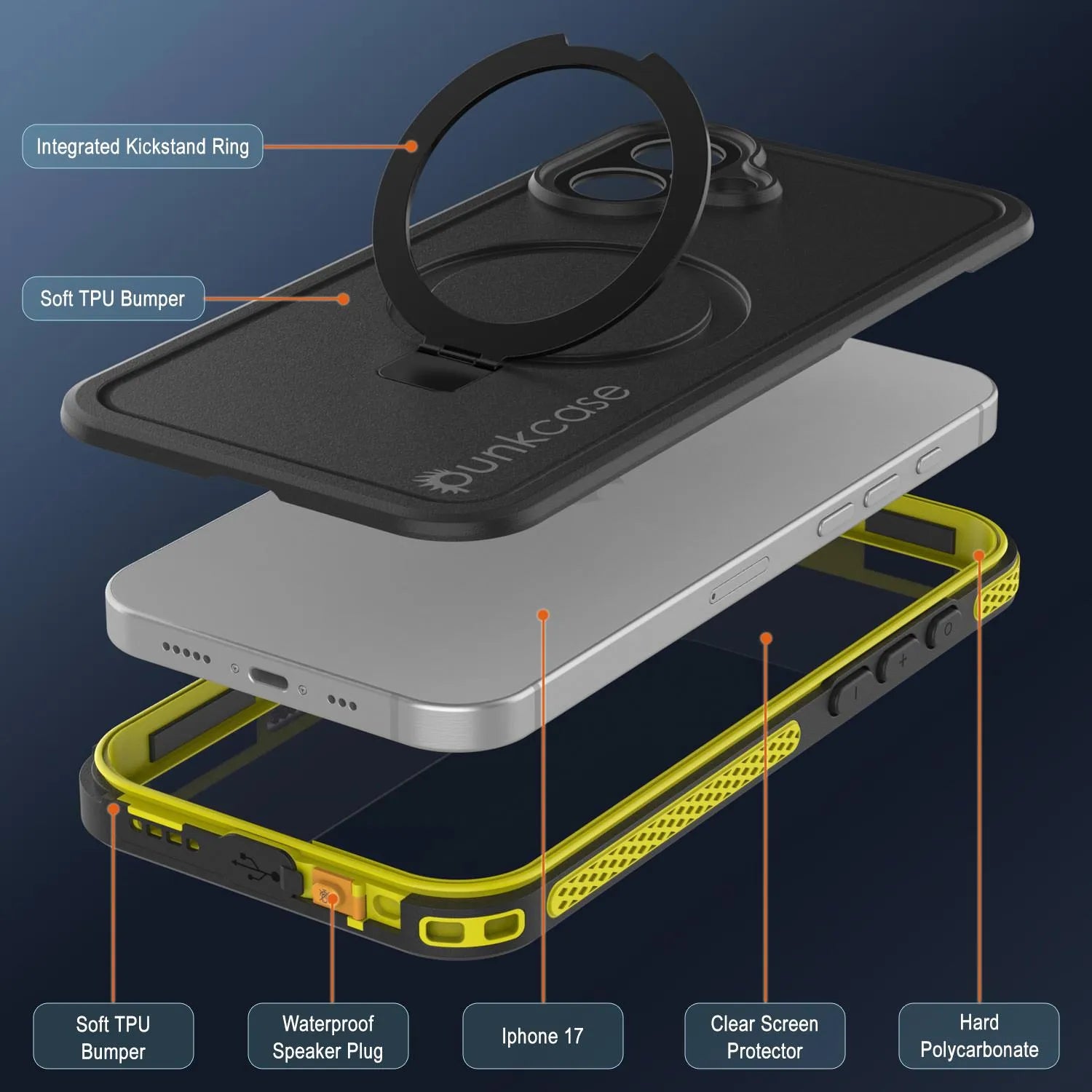 iPhone 17 Waterproof Case [Kickstud 2.0 Series] Protective IP68 Cover W/Screen Protector & Kickstand [Yellow]