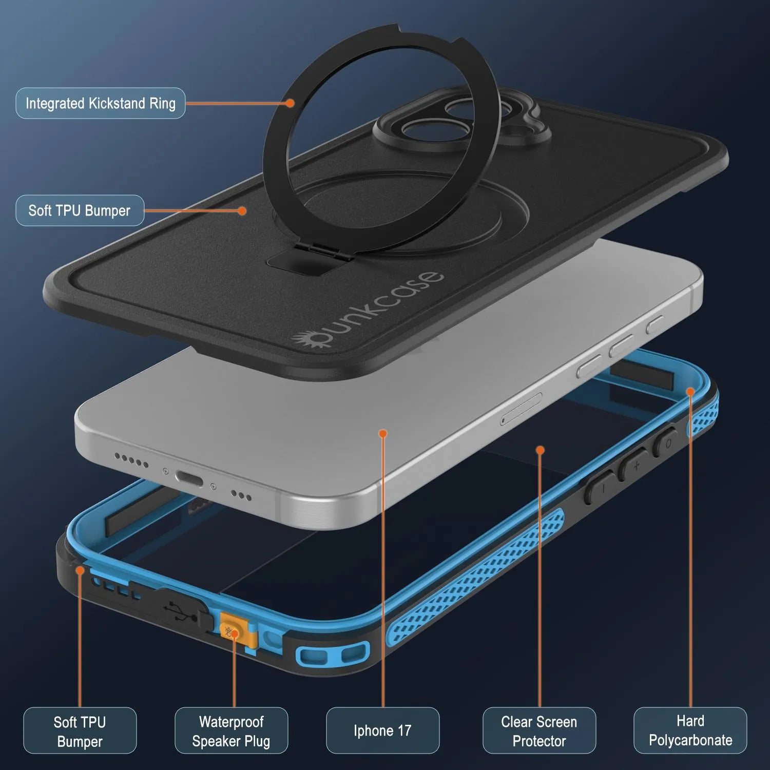iPhone 17 Waterproof Case [Kickstud 2.0 Series] Protective IP68 Cover W/Screen Protector & Kickstand [Blue]