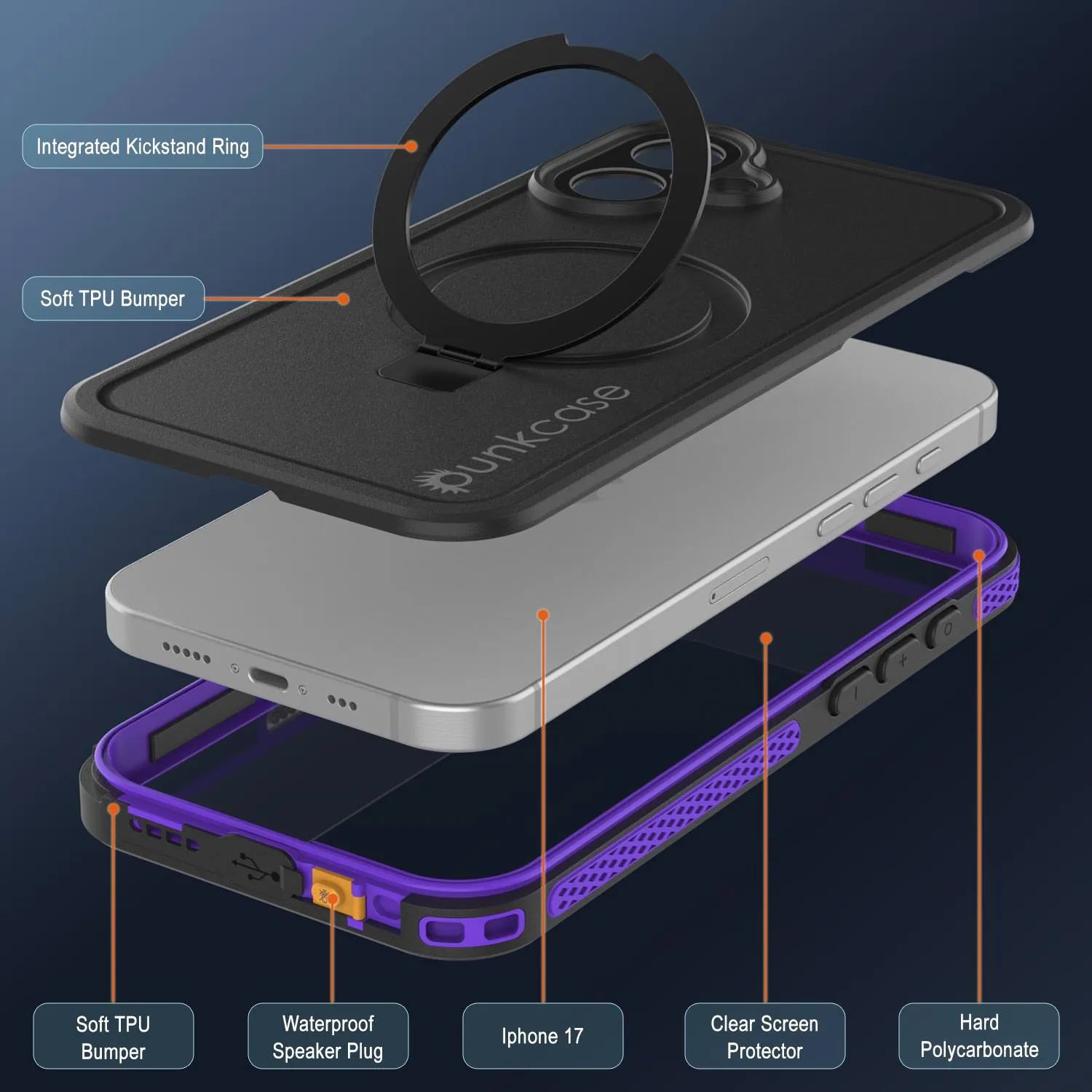 iPhone 17 Waterproof Case [Kickstud 2.0 Series] Protective IP68 Cover W/Screen Protector & Kickstand [Purple]