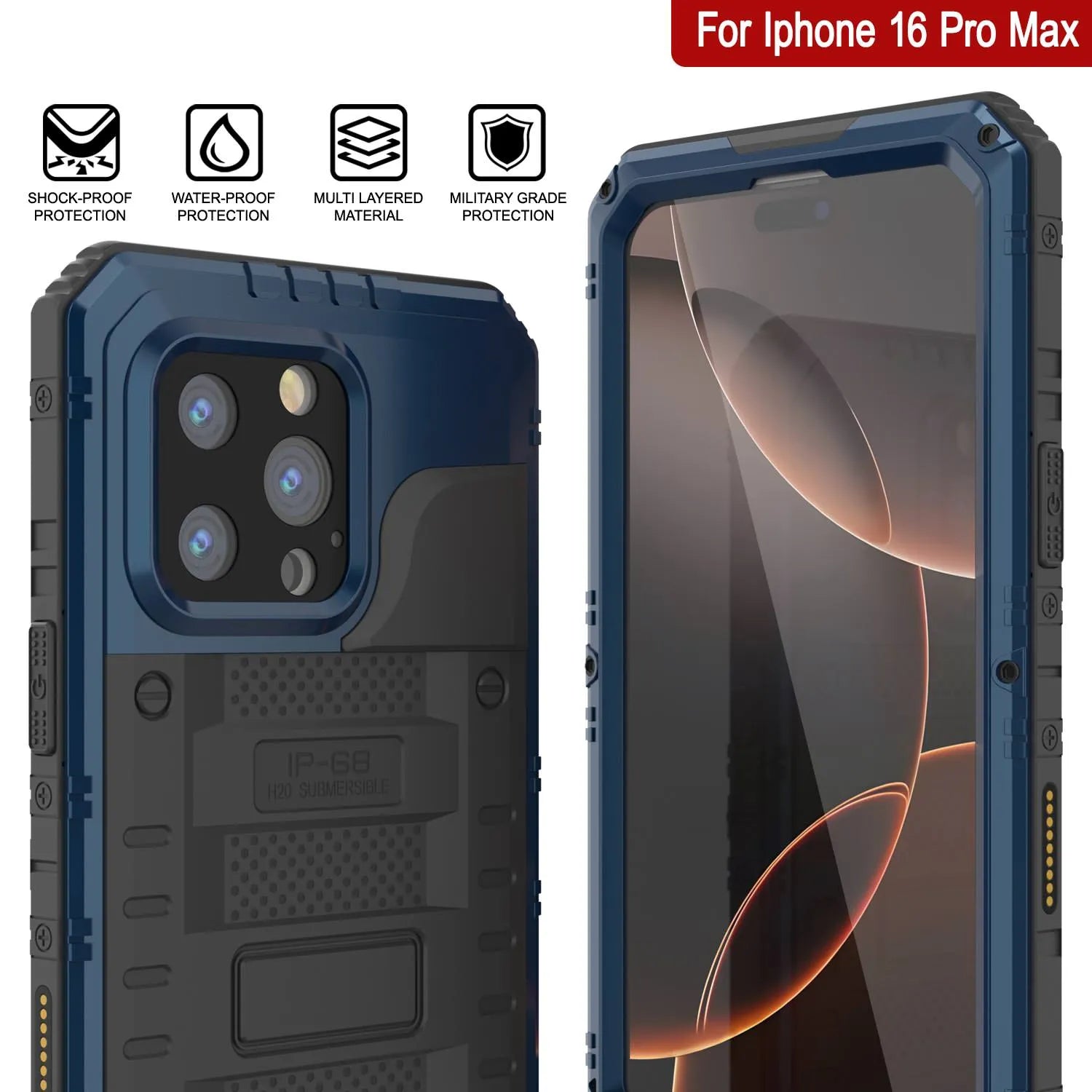 iPhone 16 Pro Max Metal Extreme 3.0 Series Aluminum Waterproof Case IP68 W/Buillt in Screen Protector & Kickstand [Blue]
