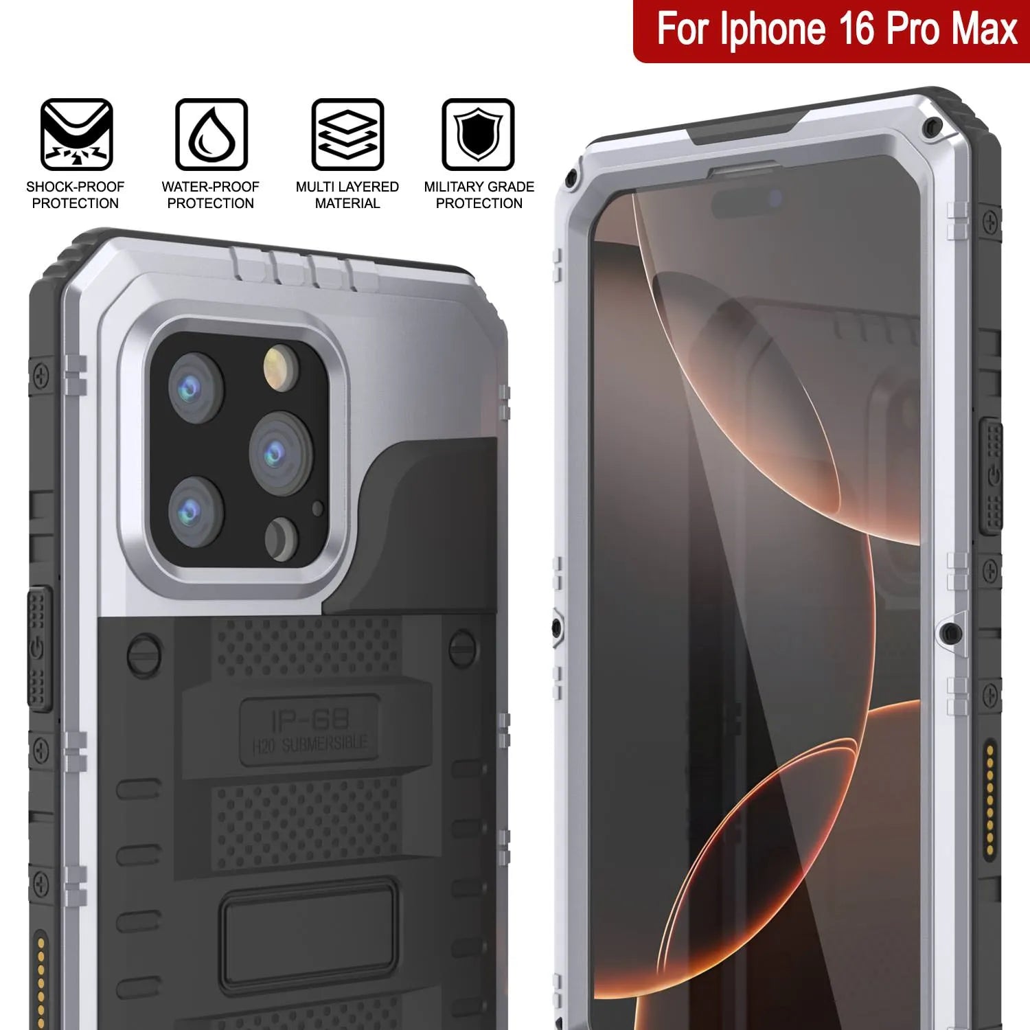 iPhone 16 Pro Max Metal Extreme 3.0 Series Aluminum Waterproof Case IP68 W/Buillt in Screen Protector & Kickstand [White]
