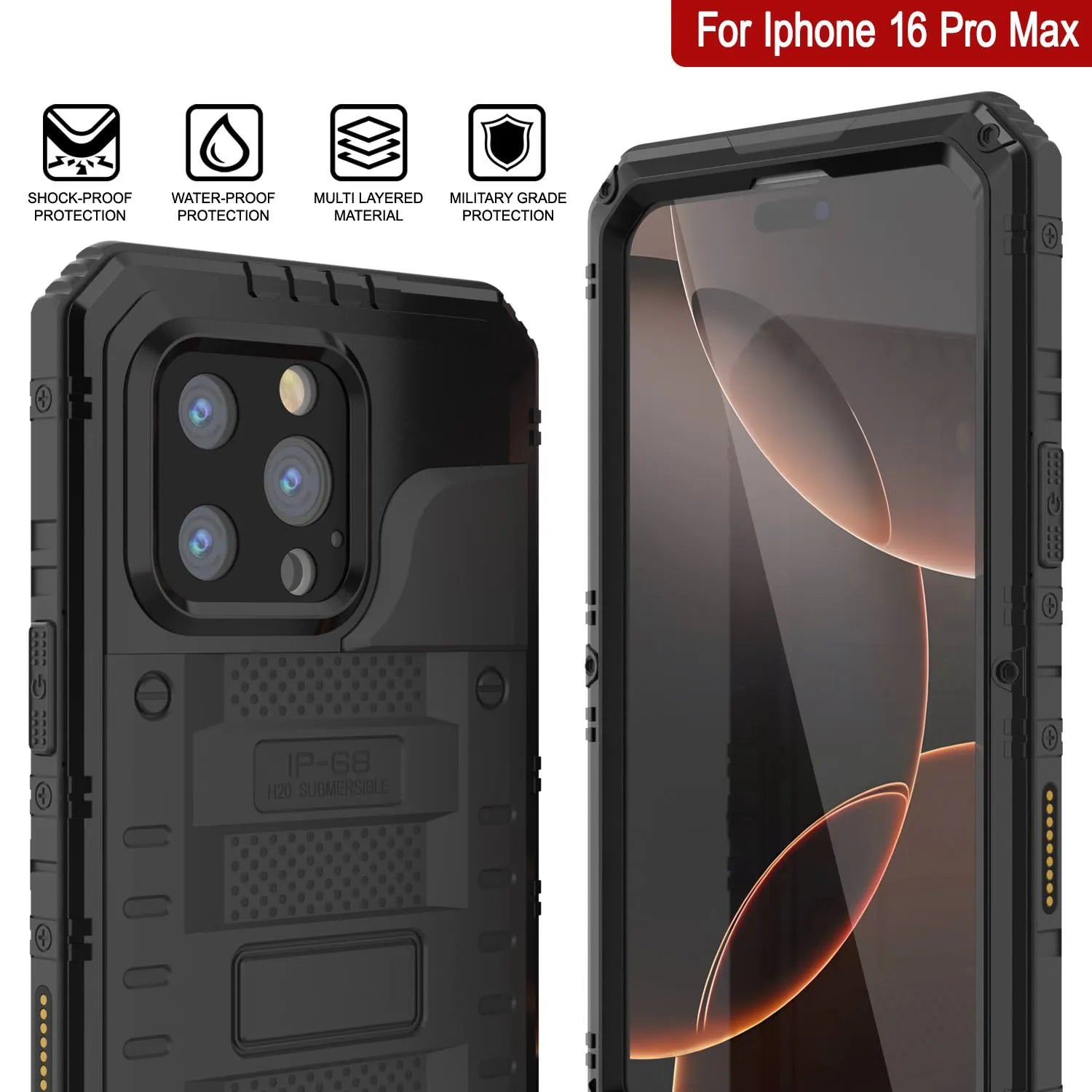 iPhone 16 Pro Max Metal Extreme 3.0 Series Aluminum Waterproof Case IP68 W/Buillt in Screen Protector & Kickstand [Black]