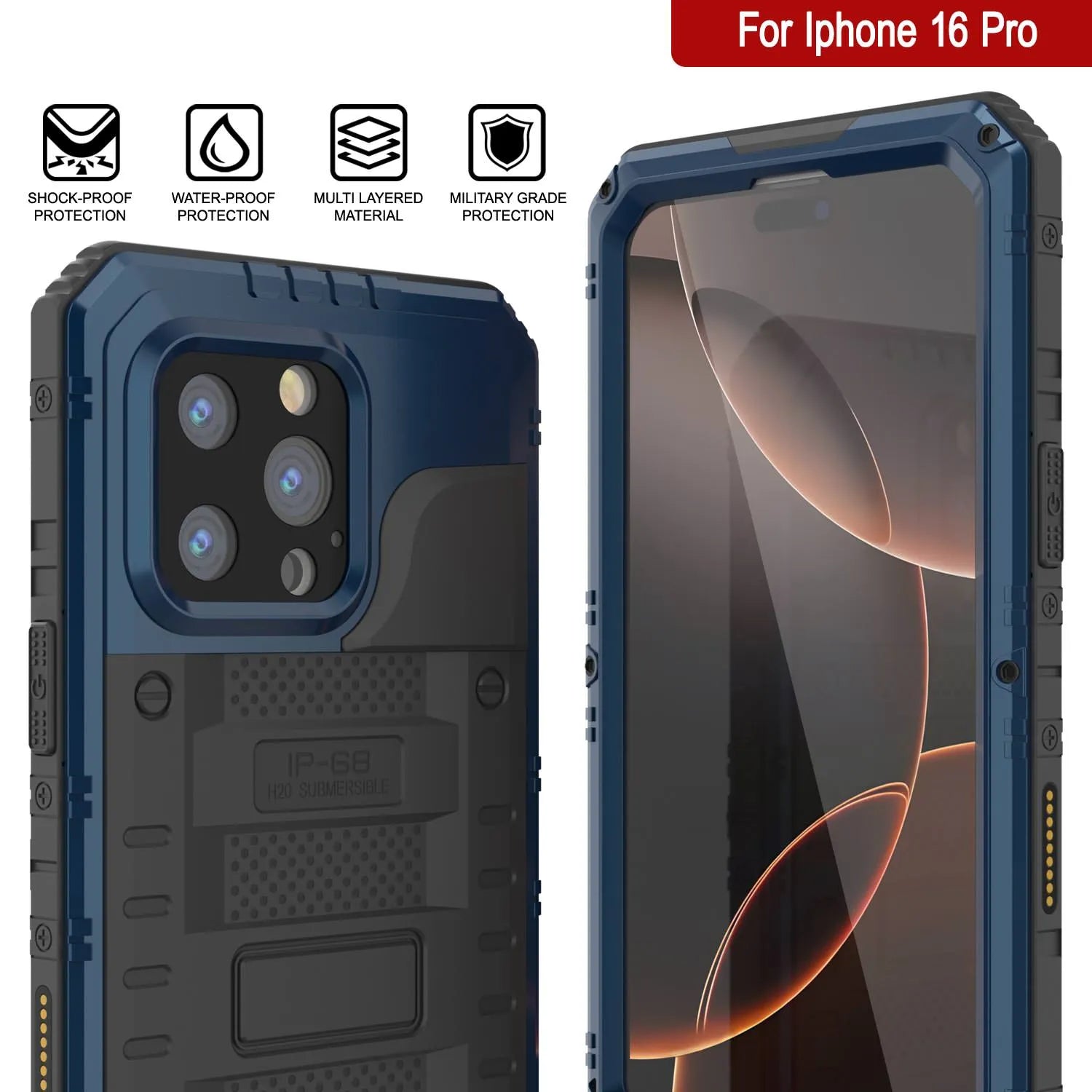 iPhone 16 Pro Metal Extreme 3.0 Series Aluminum Waterproof Case IP68 W/Buillt in Screen Protector & Kickstand [Blue]