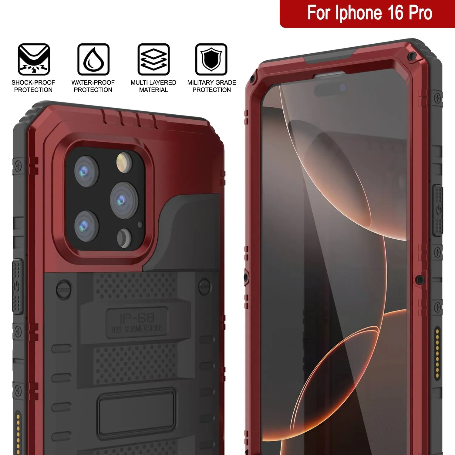 iPhone 16 Pro Metal Extreme 3.0 Series Aluminum Waterproof Case IP68 W/Buillt in Screen Protector & Kickstand [Red]