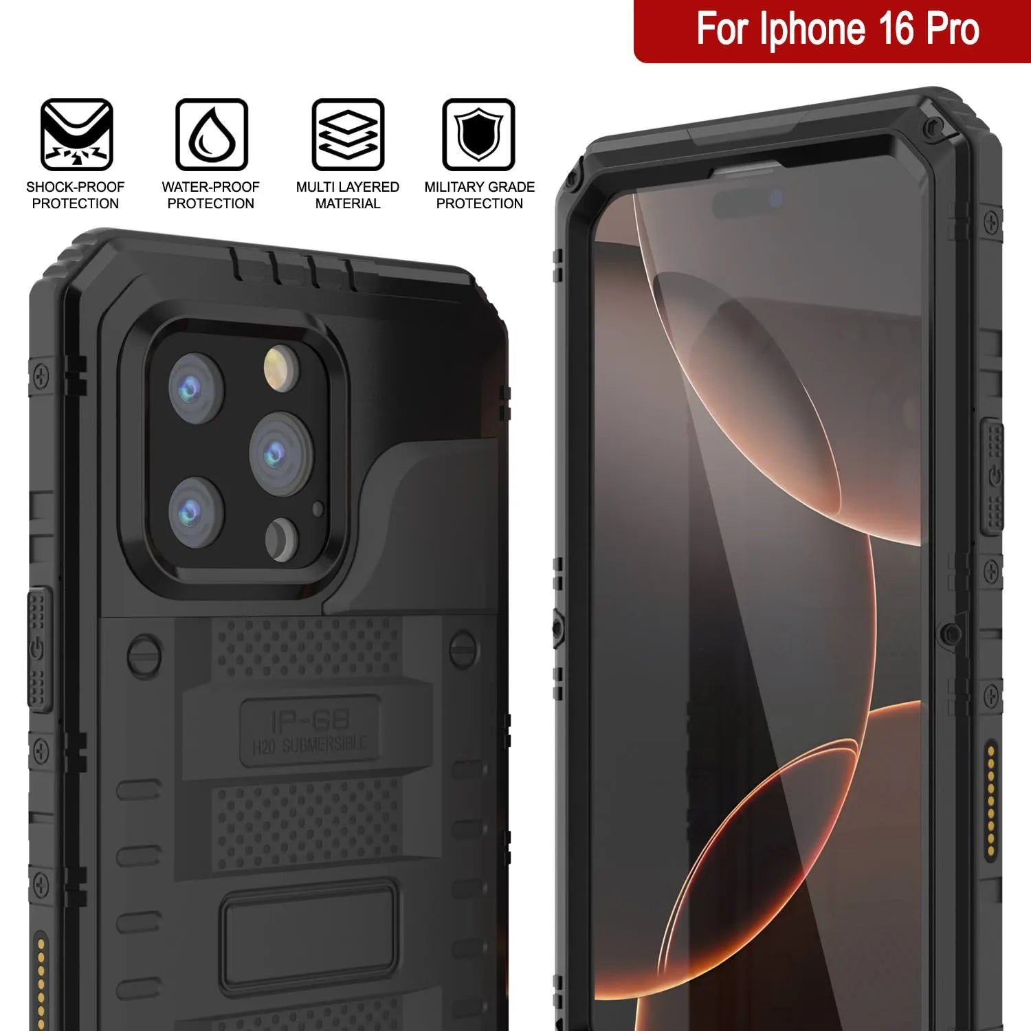 iPhone 16 Pro Metal Extreme 3.0 Series Aluminum Waterproof Case IP68 W/Buillt in Screen Protector & Kickstand [Black]