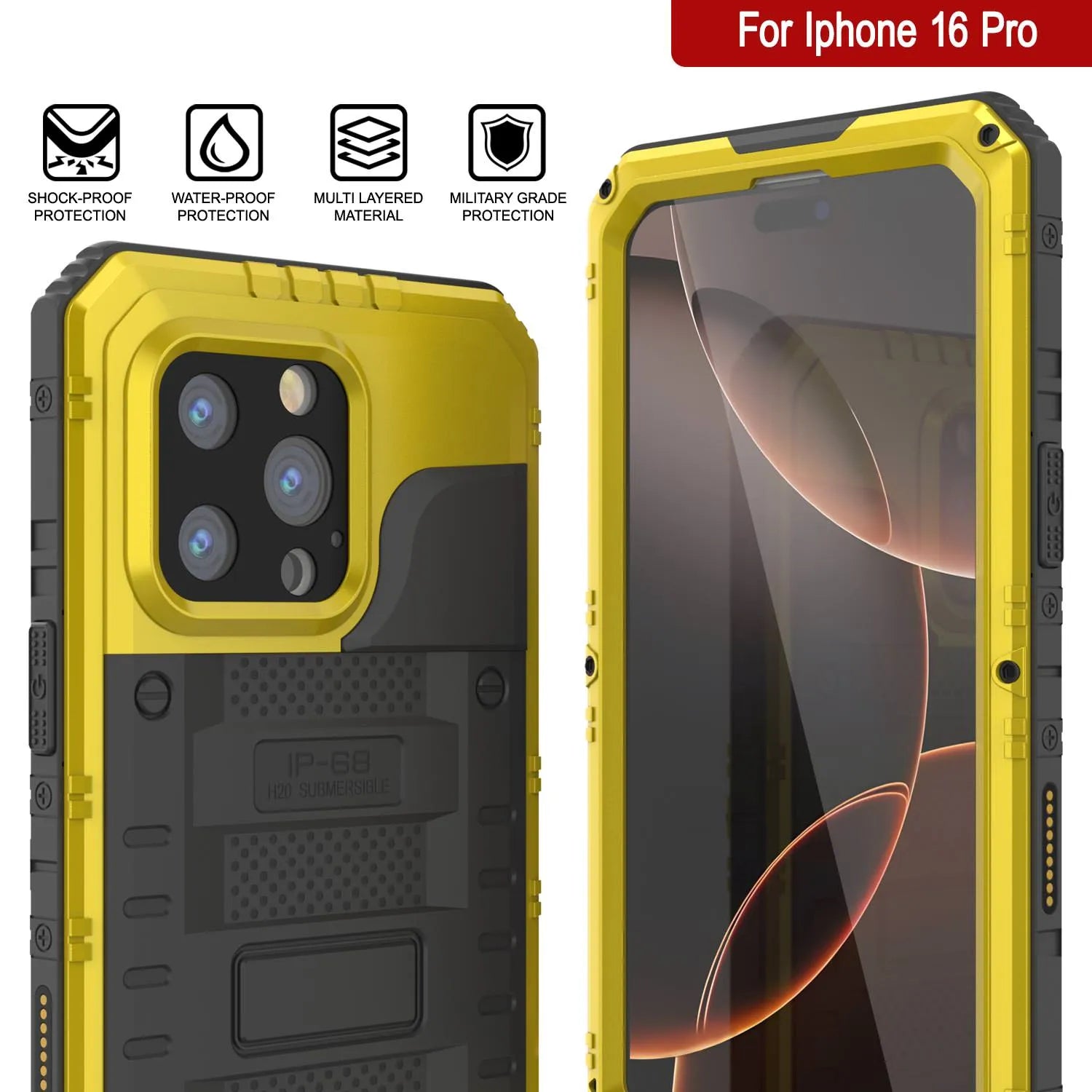 iPhone 16 Pro Metal Extreme 3.0 Series Aluminum Waterproof Case IP68 W/Buillt in Screen Protector & Kickstand [Yellow]