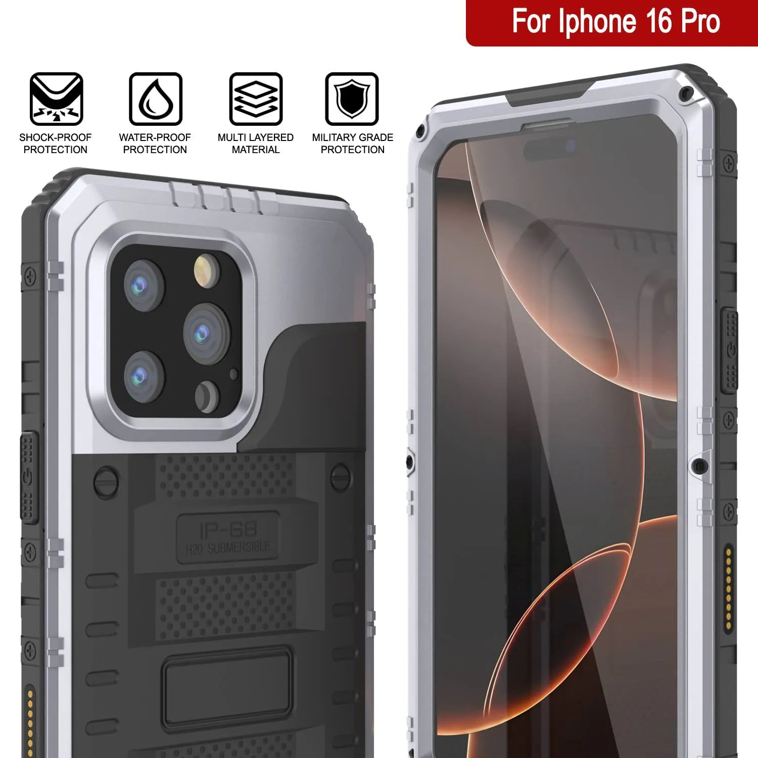 iPhone 16 Pro Metal Extreme 3.0 Series Aluminum Waterproof Case IP68 W/Buillt in Screen Protector & Kickstand [White]