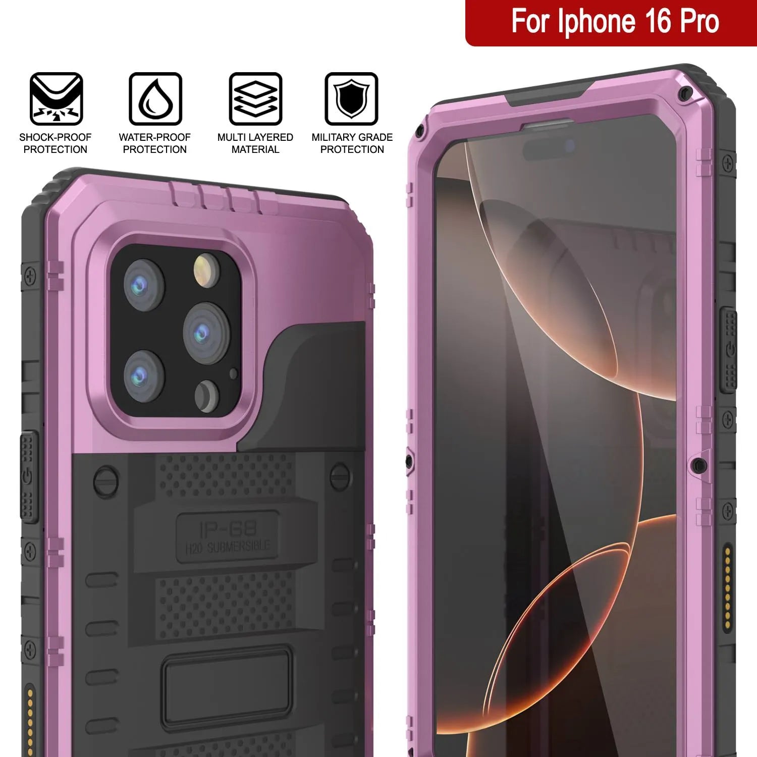 iPhone 16 Pro Metal Extreme 3.0 Series Aluminum Waterproof Case IP68 W/Buillt in Screen Protector & Kickstand [Pink]