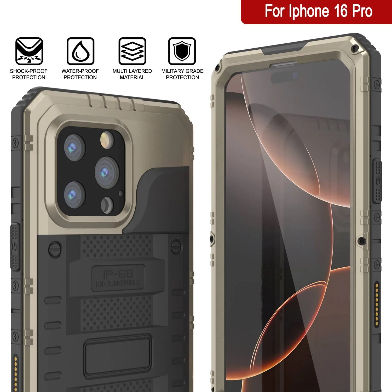 iPhone 16 Pro Metal Extreme 3.0 Series Aluminum Waterproof Case IP68 W/Buillt in Screen Protector & Kickstand [Gold]