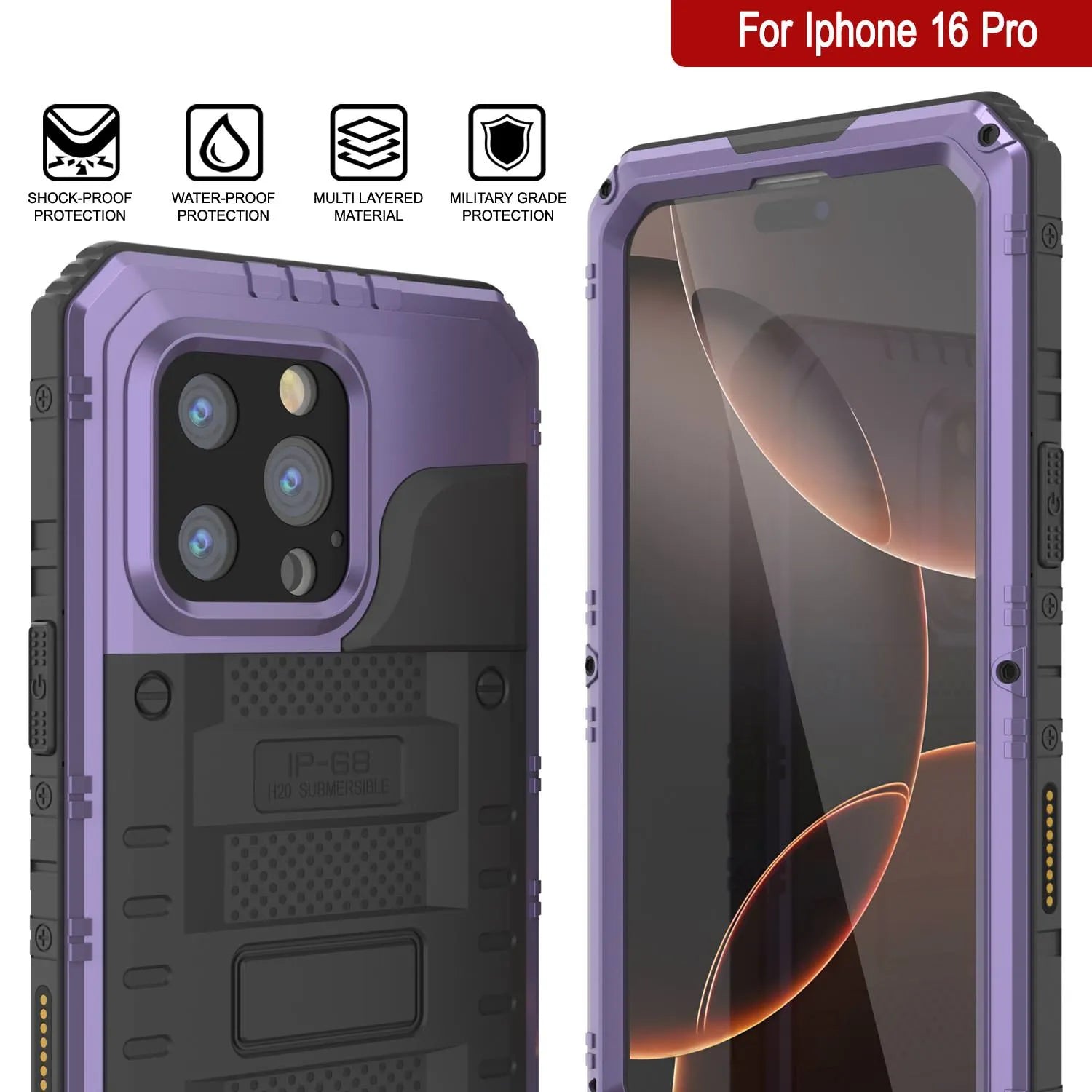 iPhone 16 Pro Metal Extreme 3.0 Series Aluminum Waterproof Case IP68 W/Buillt in Screen Protector & Kickstand [Purple]