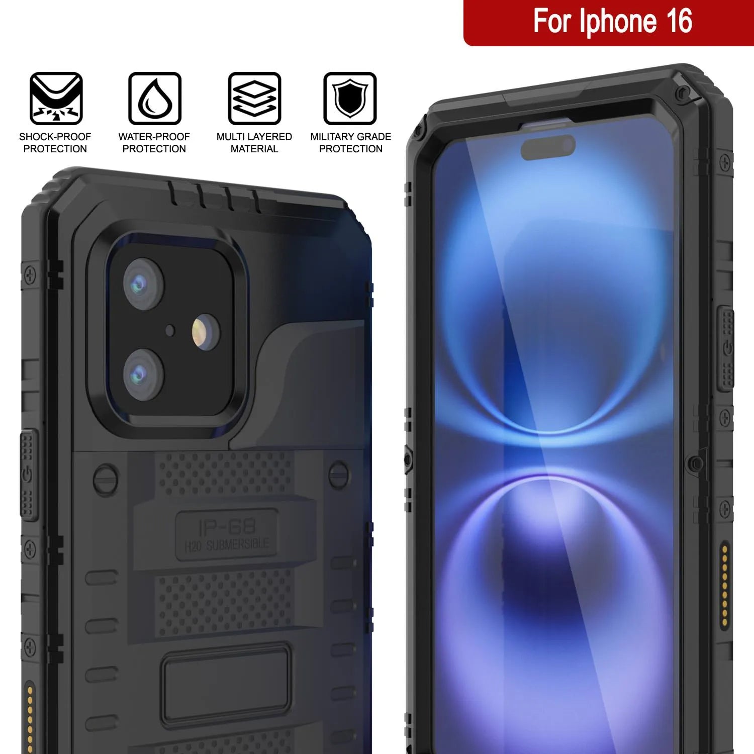 iPhone 16 Metal Extreme 3.0 Series Aluminum Waterproof Case IP68 W/Buillt in Screen Protector & Kickstand [Black]
