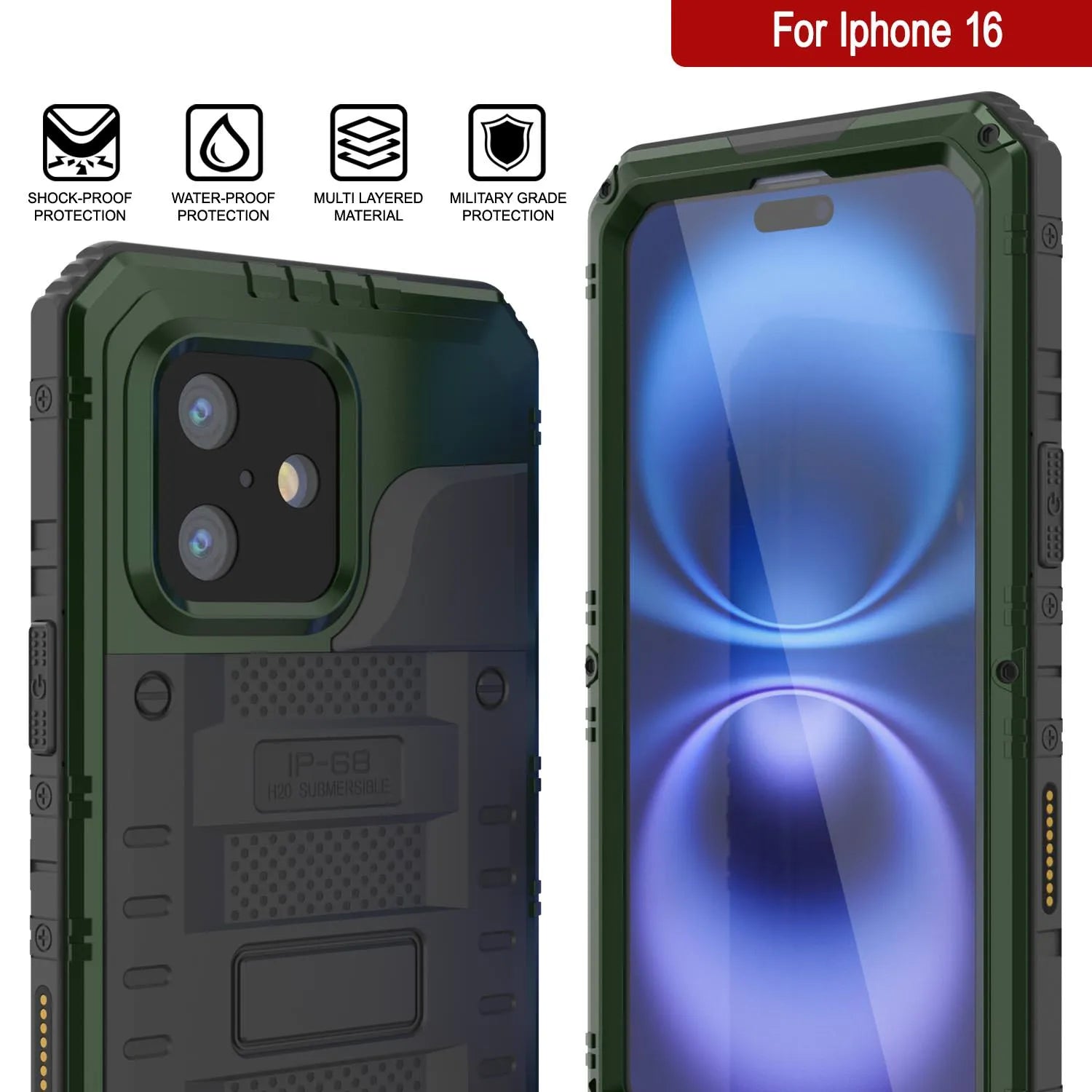 iPhone 16 Metal Extreme 3.0 Series Aluminum Waterproof Case IP68 W/Buillt in Screen Protector & Kickstand [Dark Green]