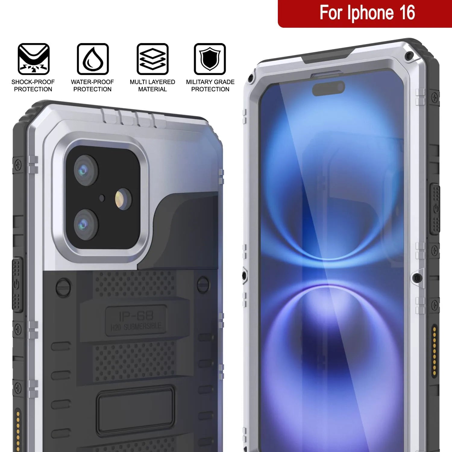 iPhone 16 Metal Extreme 3.0 Series Aluminum Waterproof Case IP68 W/Buillt in Screen Protector & Kickstand [White]