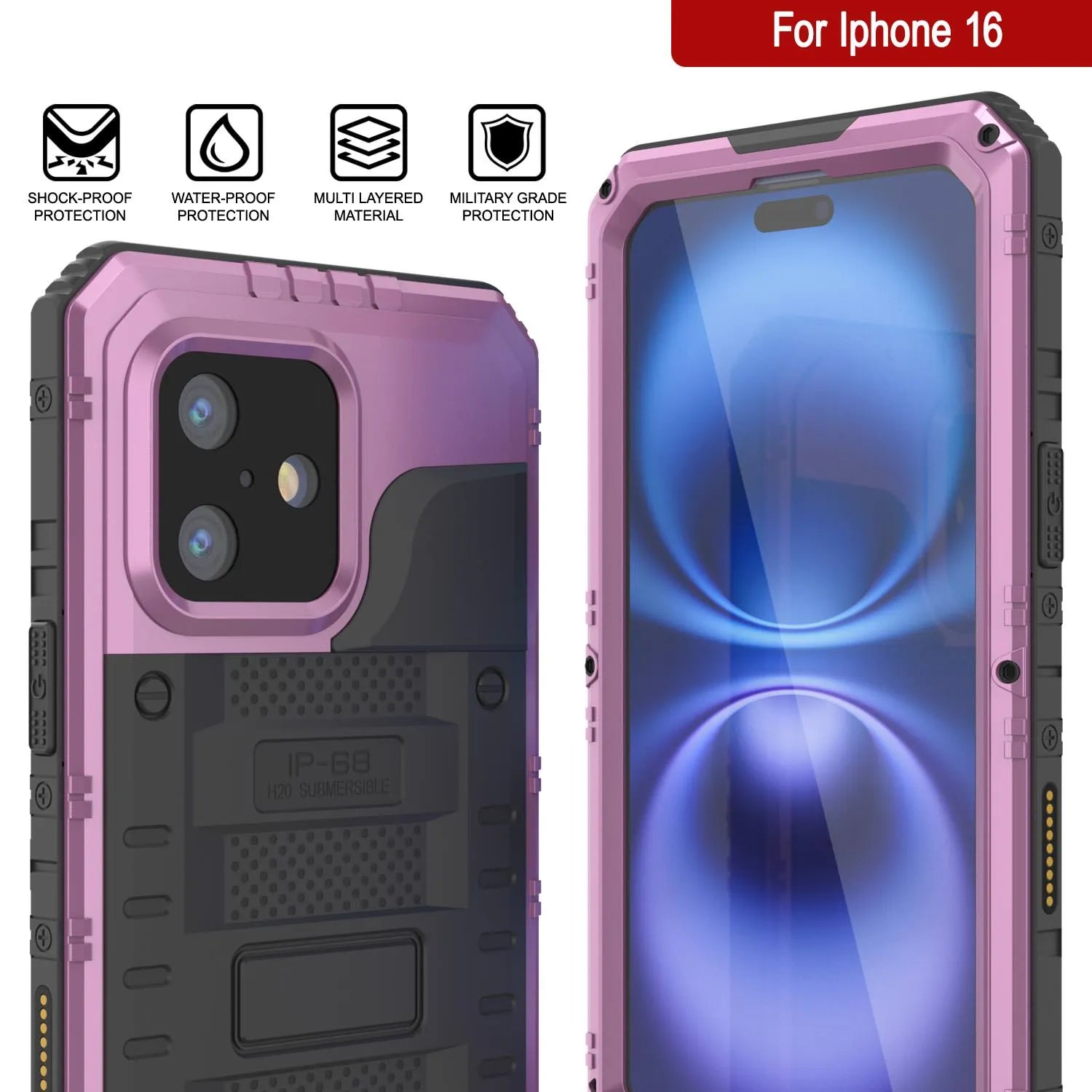 iPhone 16 Metal Extreme 3.0 Series Aluminum Waterproof Case IP68 W/Buillt in Screen Protector & Kickstand [Pink]
