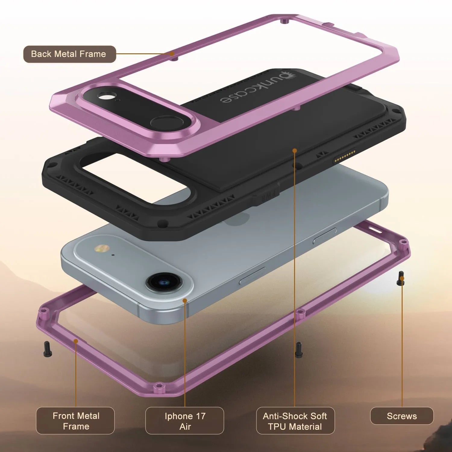 iPhone 17 Air Metal Case, Heavy Duty Military Grade Armor Cover [shock proof] Full Body Hard [Pink]