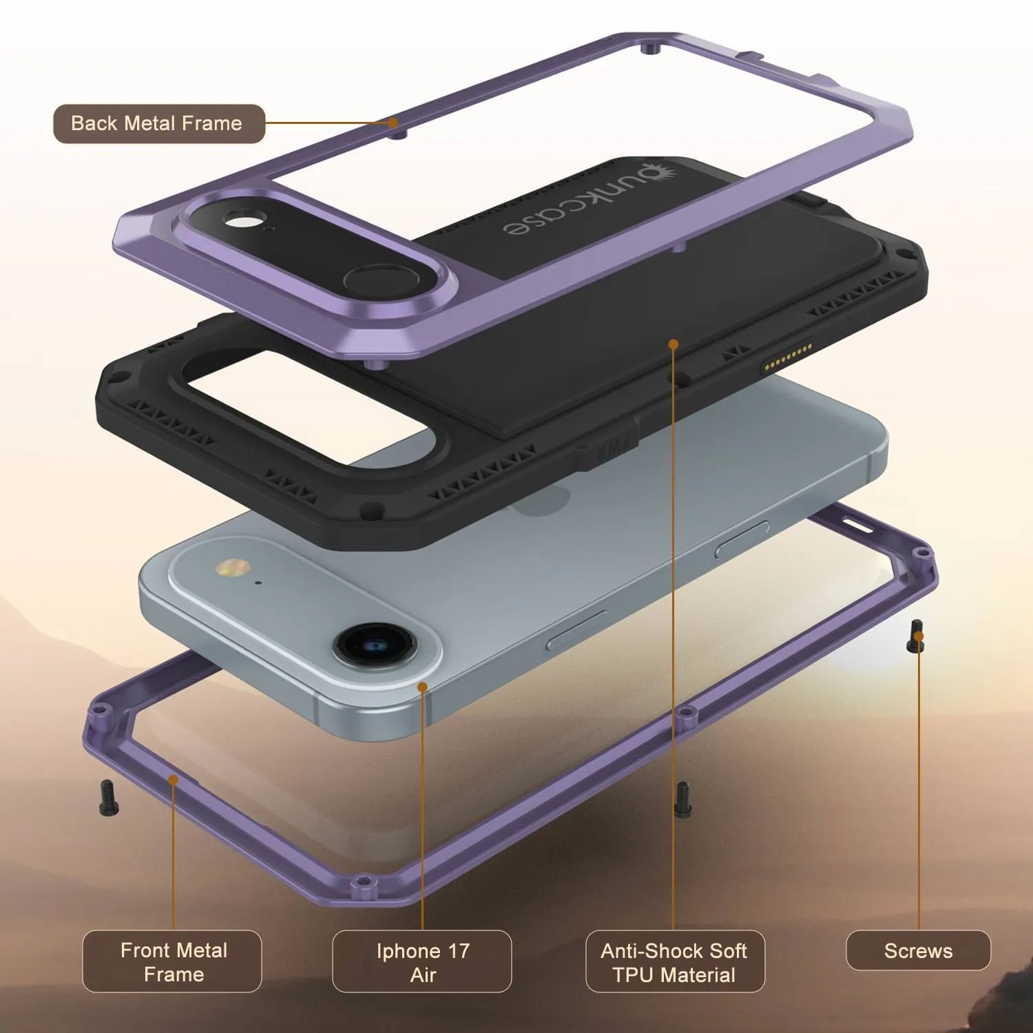 iPhone 17 Air Metal Case, Heavy Duty Military Grade Armor Cover [shock proof] Full Body Hard [Purple]